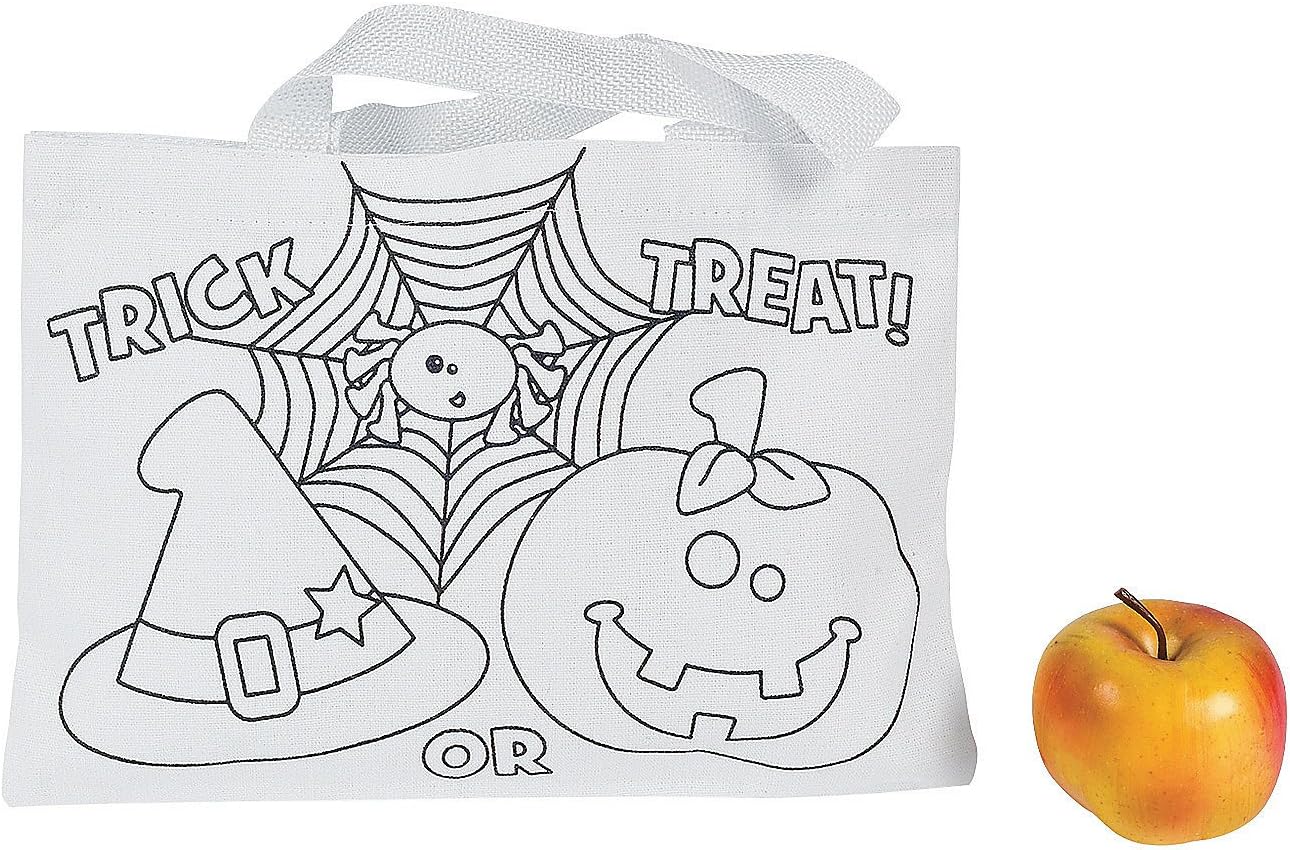 Fun Express Color Your Own Halloween Friend Trick Or Treat Tote Bulk Set of 50 - Crafts for Kids and Fun Home Activities - Reusable Canvas Bag for Trick or Treating, Grocery Shopping Bag