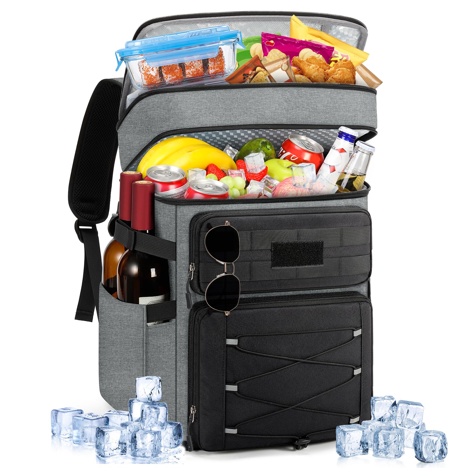 RAINSMORE Cooler Backpack 30L Insulated Cool Bag Rucksack Leakproof Large Capacity Dual Zone Thermal Picnic Backpack Waterproof for Outdoor BBQ Grey