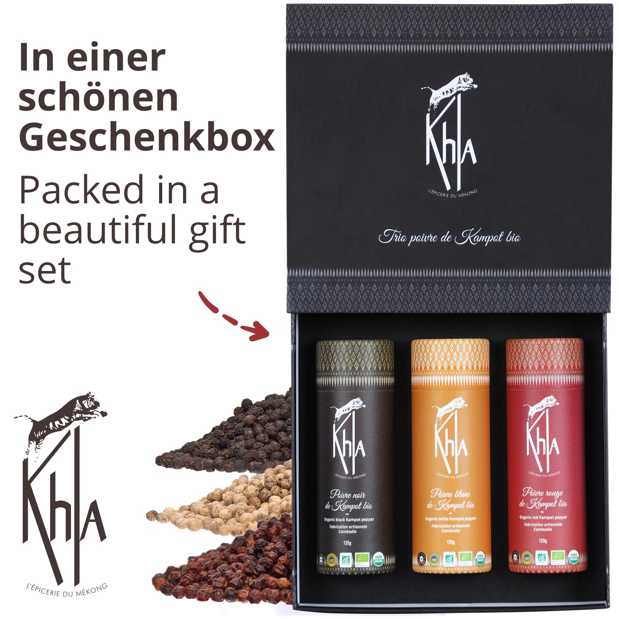 Khla - 3er Kampot Pfeffer Geschenkset - Schwarzer, Weißer, Roter Kampot Pfefferkörner Set - 3 x 120g - Gourmet Gewürzset - Geschenkidee für Männer und Frauen - Weihnachten, Geburtstag - Aus Kambodscha