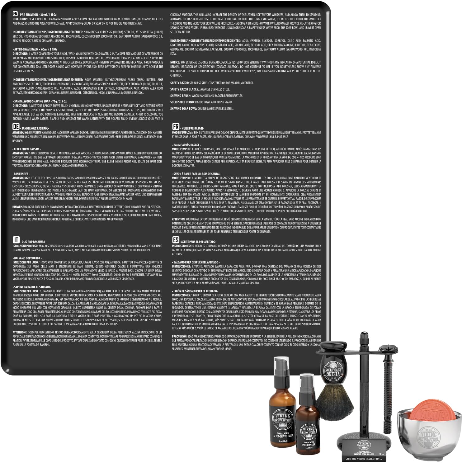 Viking Revolution - Kit de Afeitado de Lujo - Regalo Hombre - Incluye Maquinilla, Soporte, Tazón, Bálsamo, Aceite Pre-Afeitado y Brocha de Tejón - Perfecto Set de Afeitado