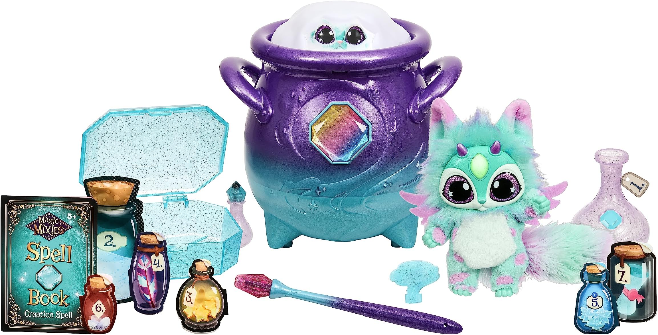 Magic Mixies - Magical Real Misting Purple Cauldron with Interactive 8 Inch Blue and Plush Toy, Follow The Spell Book Add the Magic Ingredients, Who Will You Magically Create?