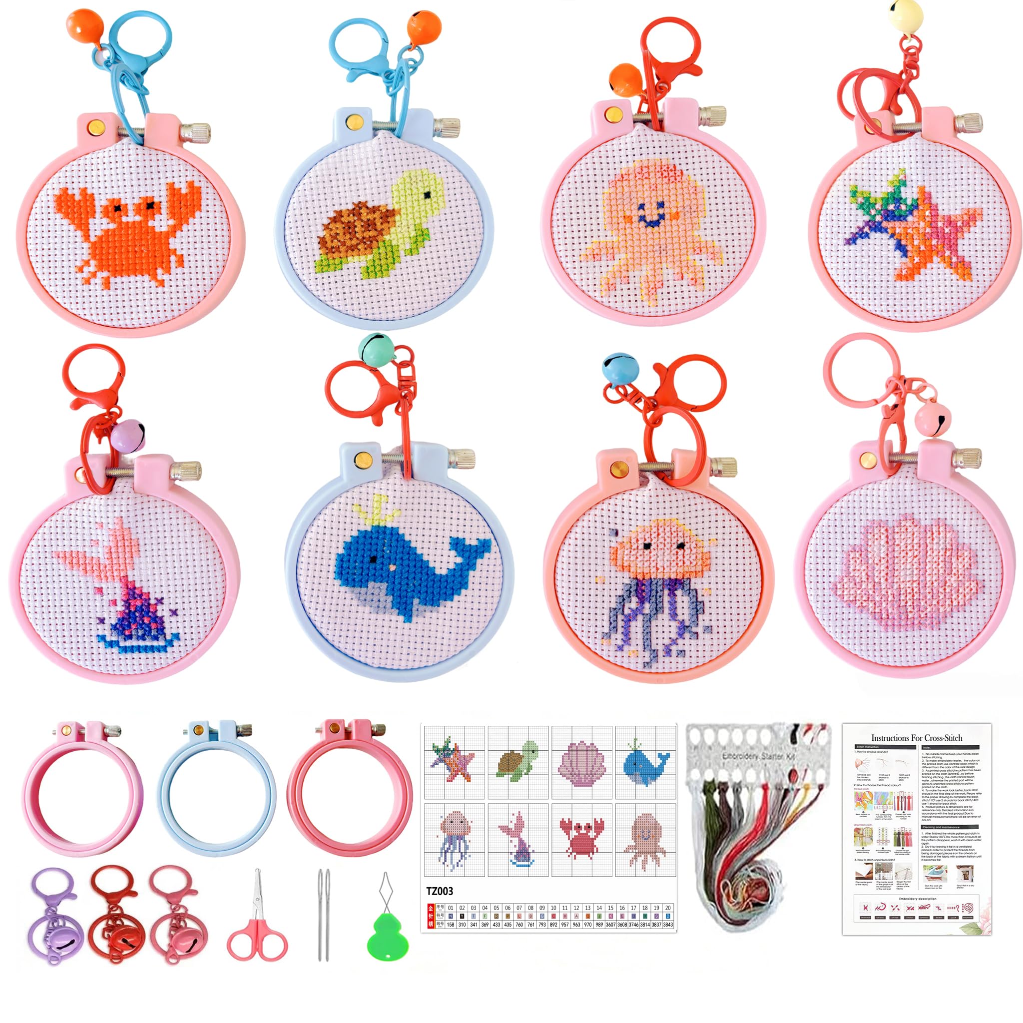 Jakener 8 Pack Cross Stitch Kits for Adults Beginners, Marine Animals Stamped Embroidery Kits for Adults, 11CT Counted Embroidery Needlepoint Kits Fun DIY Crafts with Frame