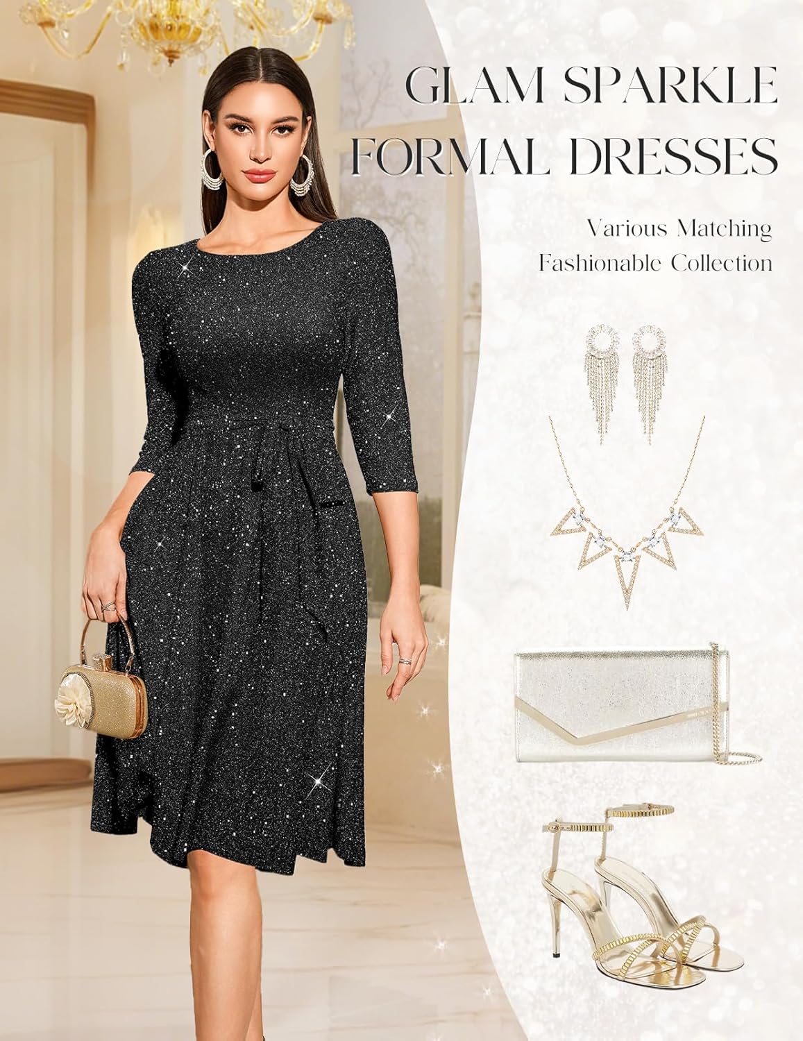 DRESSTELLS Sequin Cocktail Dresses for Women, Formal Wedding Guest 3/4 Sleeves Sparkly Evening Party Dress - Image 6