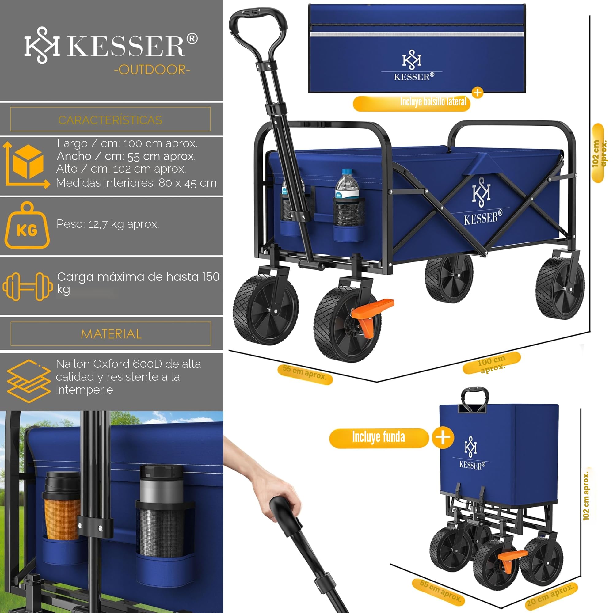 KESSER® Carro Plegable de Mano, de Equipamiento, Incluye 2 Bolsillos de Malla, neumáticos de Goma Maciza, Capacidad de Carga de hasta 80 kg