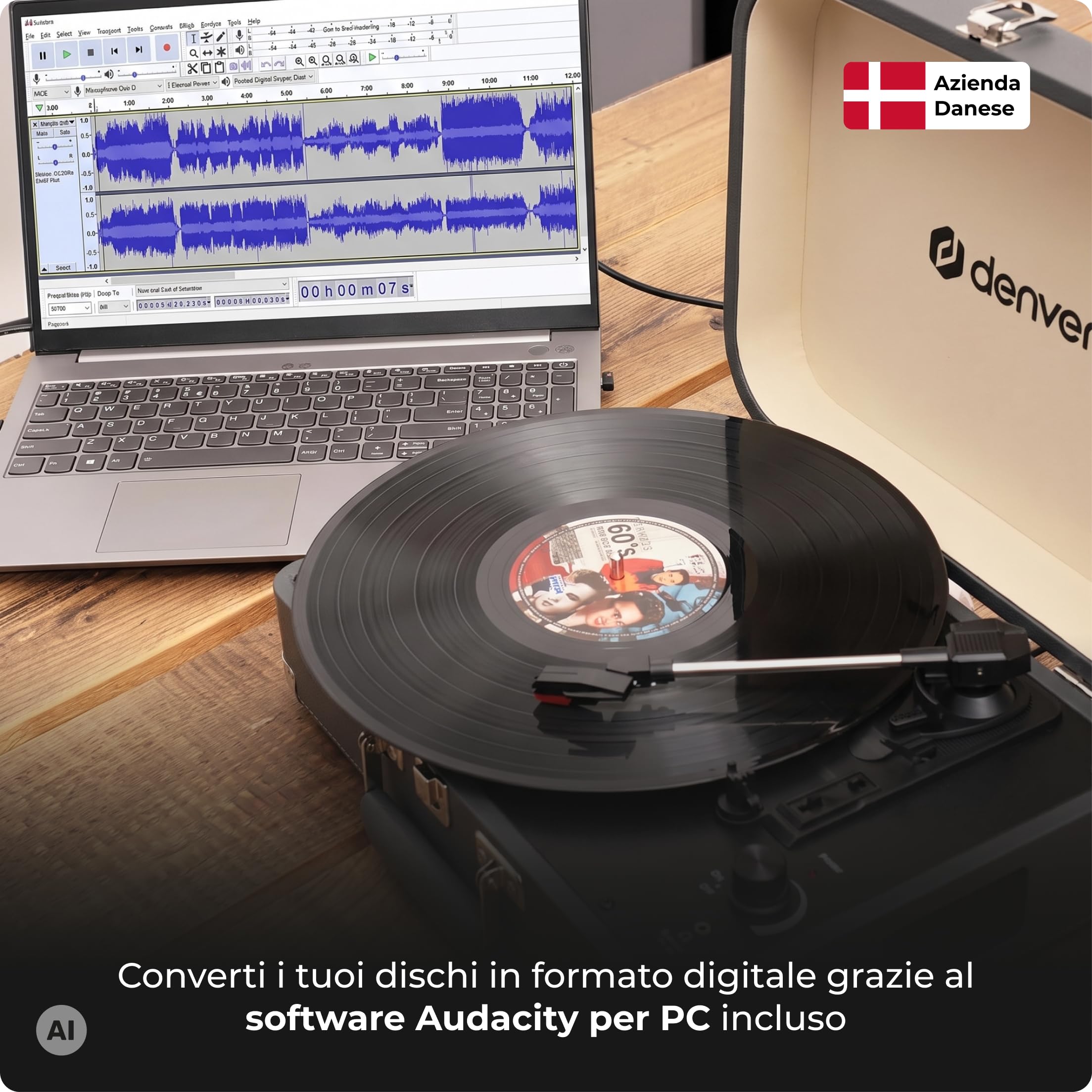 VPL-130DGR - Giradischi vintage con altoparlante, 33/45/78 RPM, USB per digitalizzare, AUX e cuffie, uscita RCA, lettore portatile in vinile senza Bluetooth