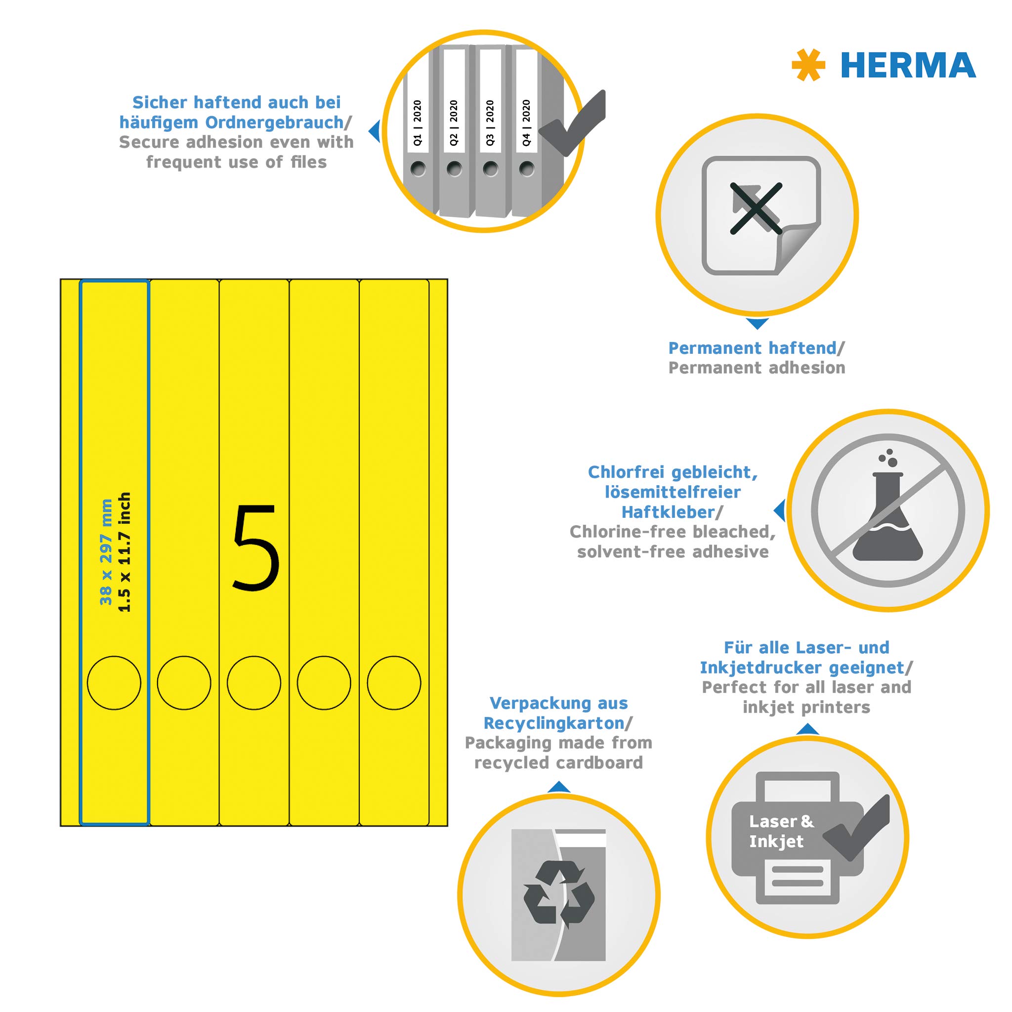 HERMA 5131 Ordnerrücken Etiketten lang schmal, 640 Blatt, 38 x 297 mm, 5 pro A4 Bogen, 3200 Stück, selbstklebend, bedruckbar, blickdicht, blanko Papier Ordneretiketten Rückenschilder Aufkleber, gelb