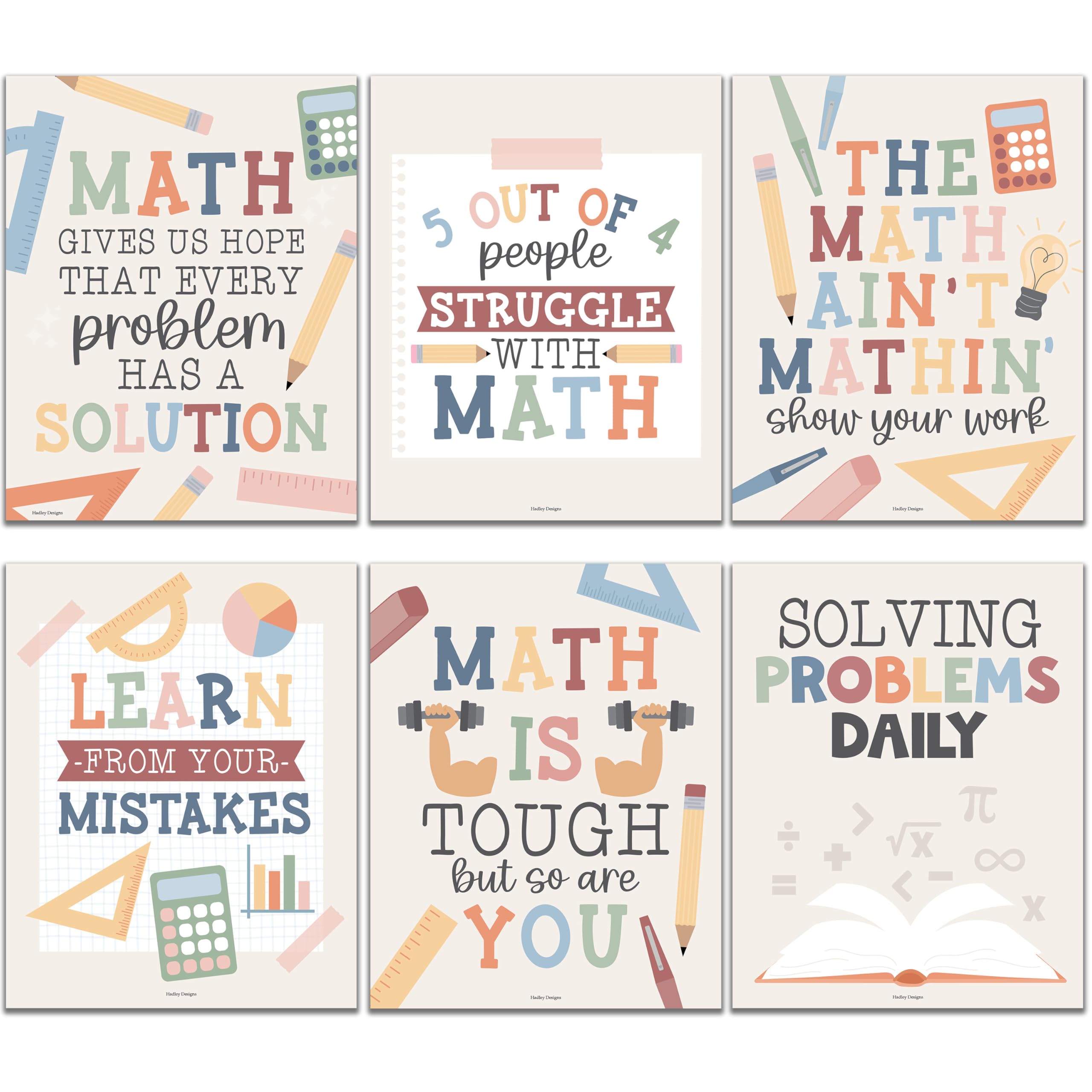 Hadley Designs 6 Math Posters - Fun & Motivational Math Posters for Elementary, Middle & High School, Teacher Must Haves for Classroom Decor & Bulletin Board Sets, Boho Classroom Decor