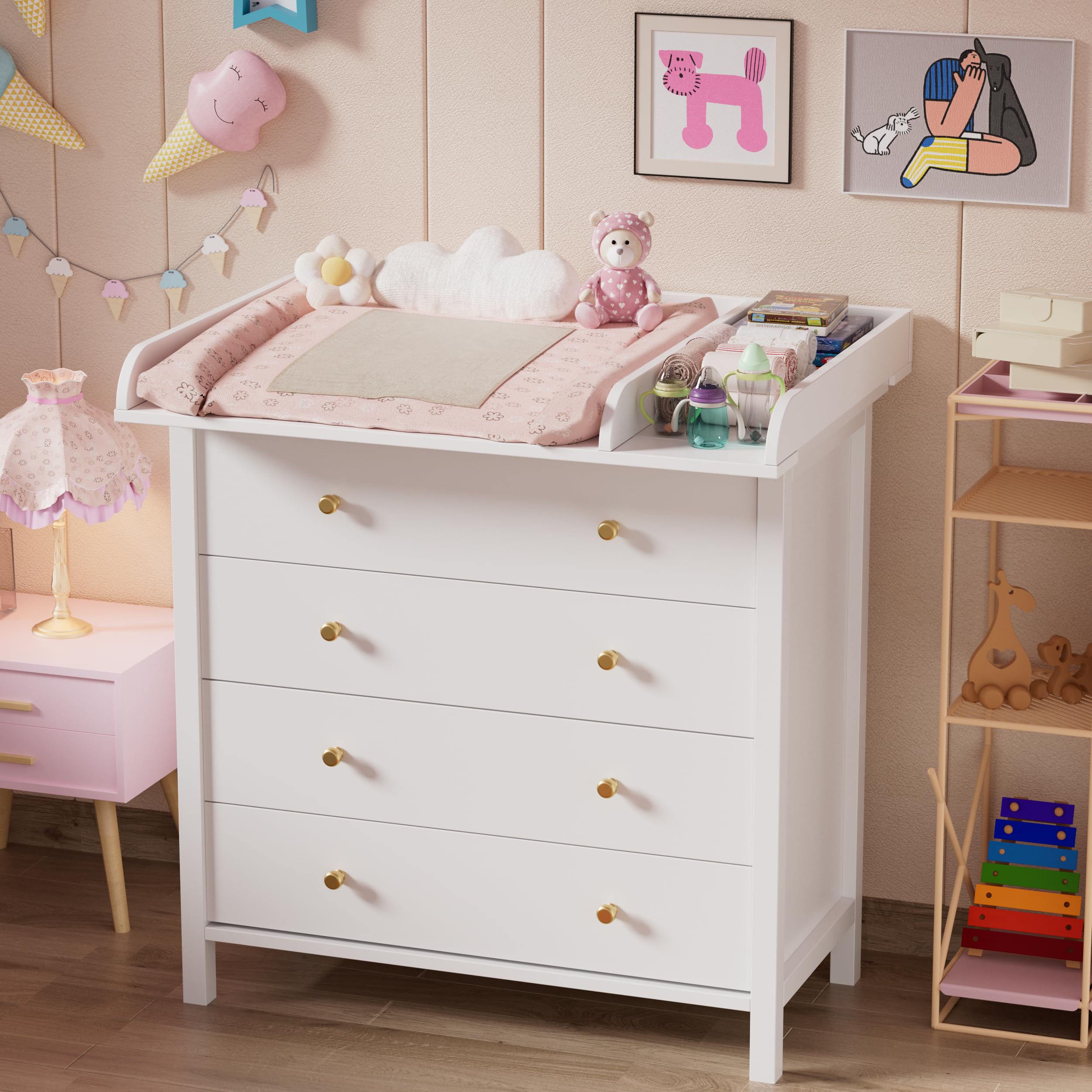 MSFE Cambiador para Cómodas,Ajustable Universal Tablero Cambiador con Separador,Rango ajustable:59–47W cm, Accesorio Universal para Cómoda,Paneles Frontales Redondeados,Madera MDF,Blanco,108x80x9,5cm