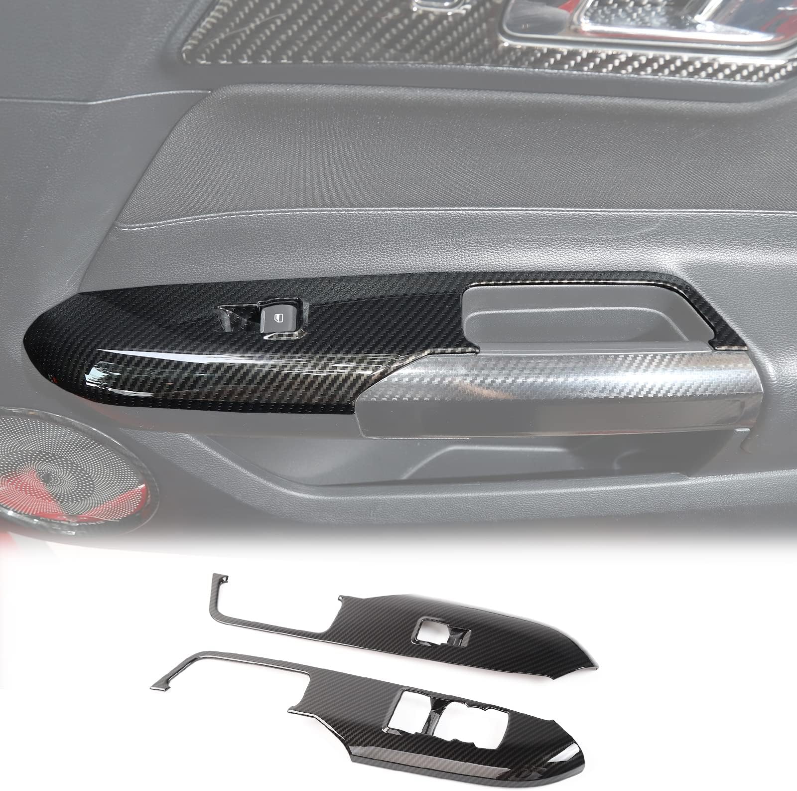 Carbon Fiber Door Handle Window Lifter Control Switch Button Panel Cover Sticker Trim Interior Decoration Accessories for Ford Mustang 2015 2016 2017 2018 2019 2020 2021, 2 PCS