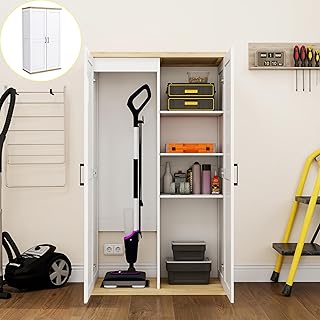 Wooden 55" Tall Broom Closet Storage Cabinet for Vacuum Cleaner & Floor Scrubbers with 2 Doors and Adjustable Shelf, Cleaning Supply Cabinet with Bottom Openwork for Laundry Room, Garage