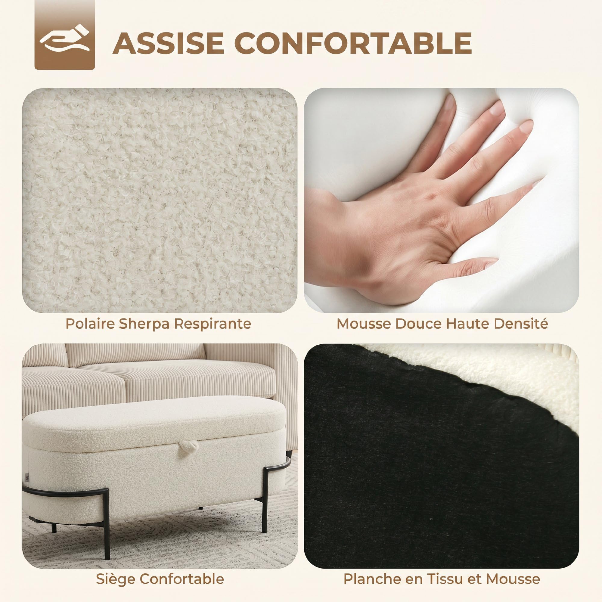 HOMCOM Banc de Rangement en Tissu Bouclette 114,5 x 40 x 48 cm Crème