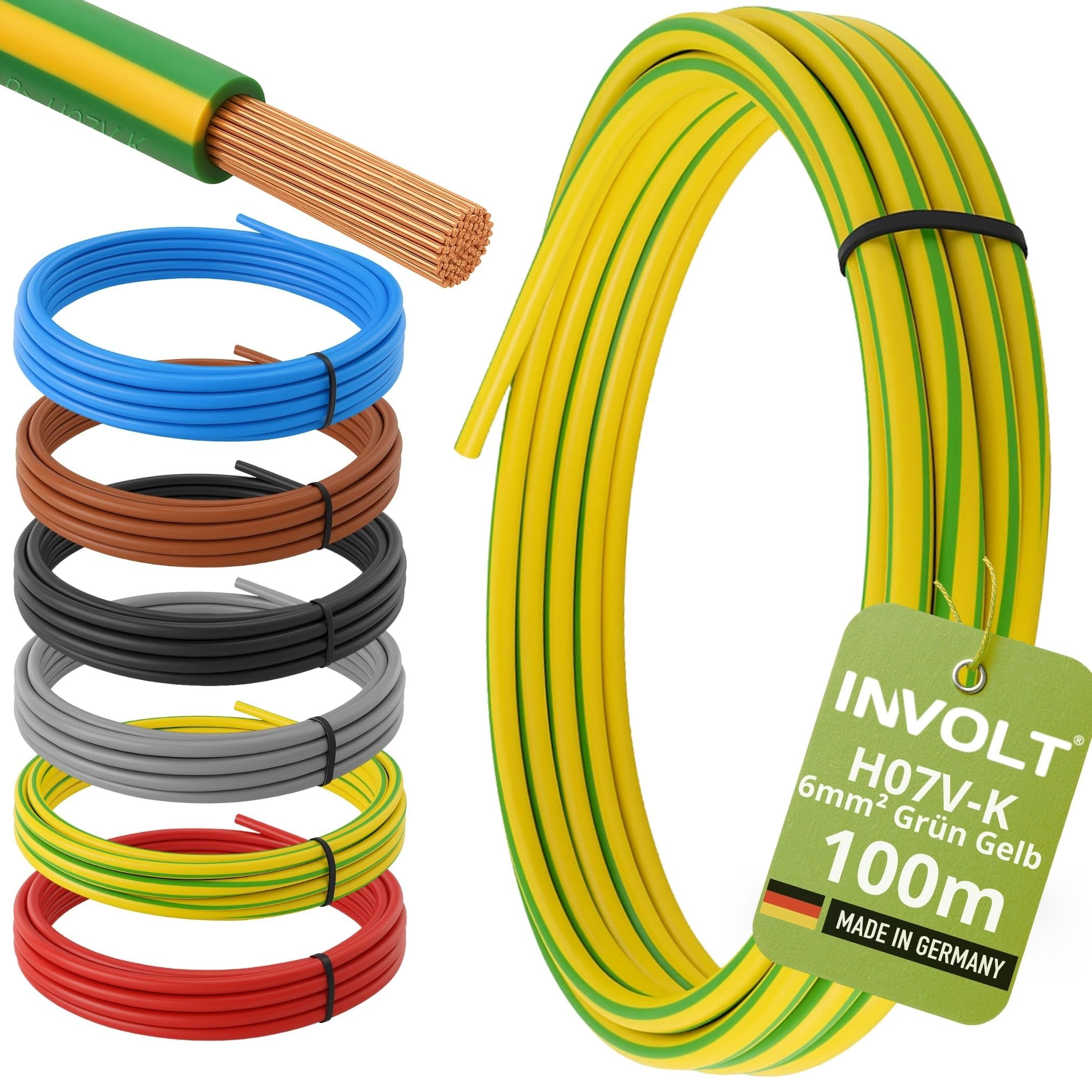 H07V-K 100m 6mm ² Green-Yellow Single Core Cable Flexible Wiring Line PVC Metre, Made IN Germany — image 1