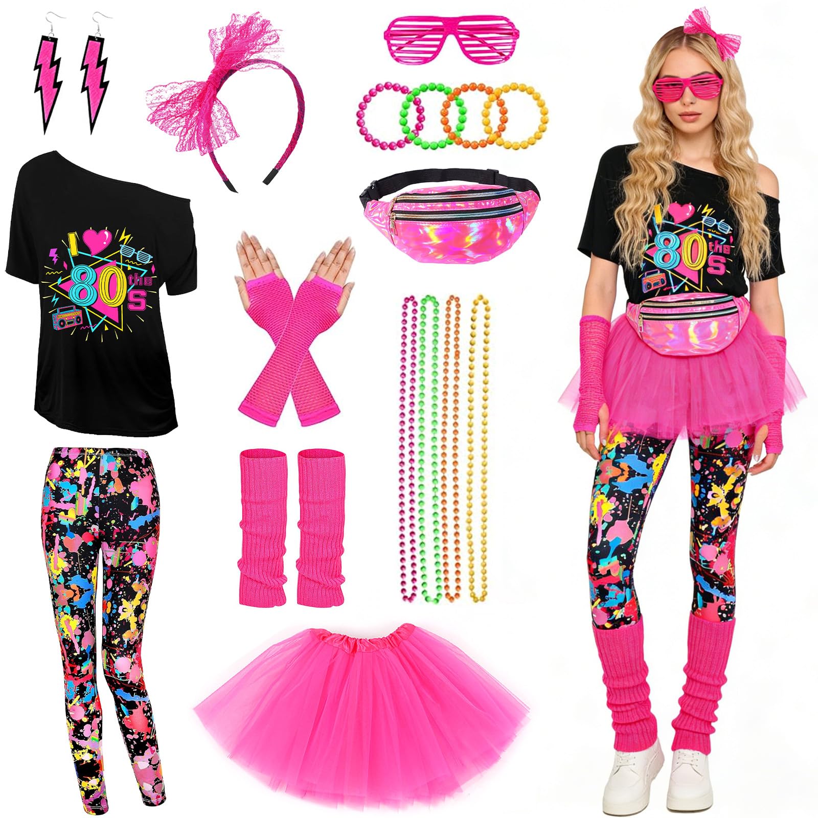 DAZZTIME Disfraz Años 80 Mujer,Accesorios de Disfraz de Los Años 80,Juego de Disfraces de los Años 80,con Diadema,Muñequeras,Aretes,para Fiestas,Carnaval,Disfraces de Halloween
