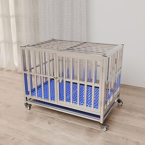 Miniatura 4 de Jaula plegable de acero inoxidable para perros, 30, 37, 42, 48 pulgadas, rueda con cerradura, con bandeja, apilable, resistente, divisor, interior y