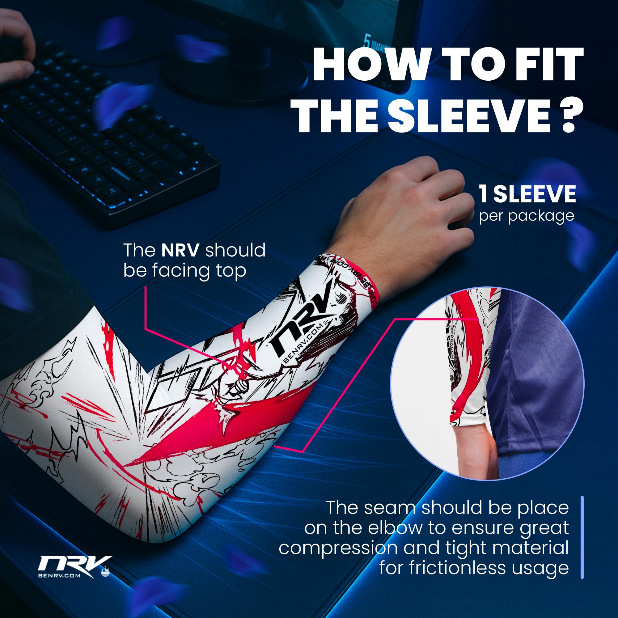 NRV Team HEROIC Puño Gaming – Comodidad y Control – Anti-Friction – Diseño Esport – Blanco & Rojo – Talla S a 3XL