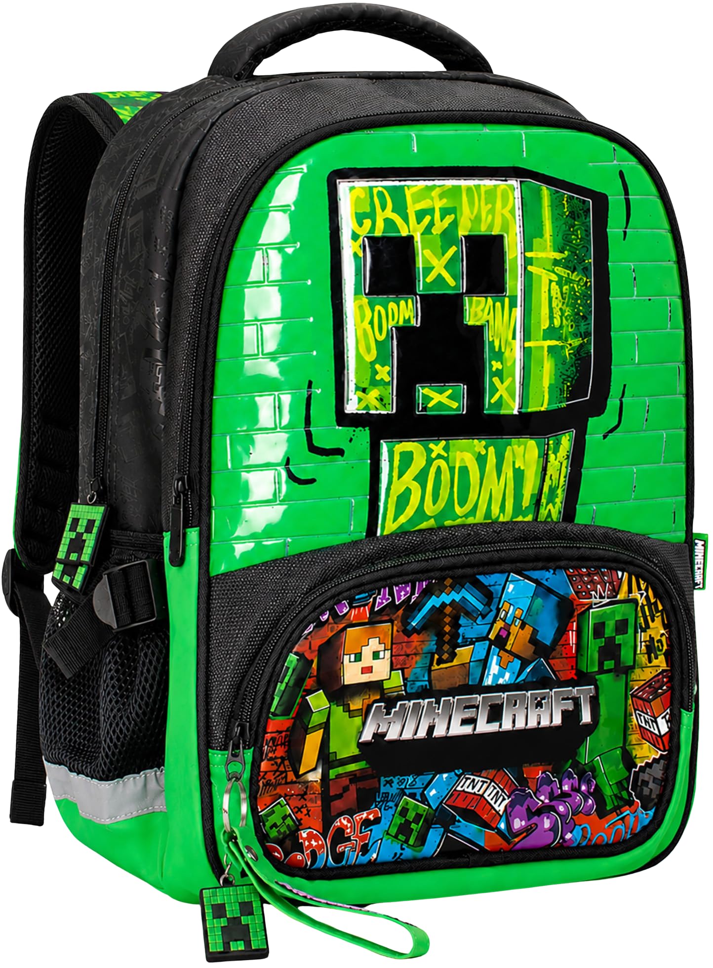 Plecak szkolny dla fanów Minecraft 6-12 lat, podstawowy i średni, design Creeper, 2 przegródki z kieszenią i siatką na wodę, 22 litry (42 x 31 x 17 cm)