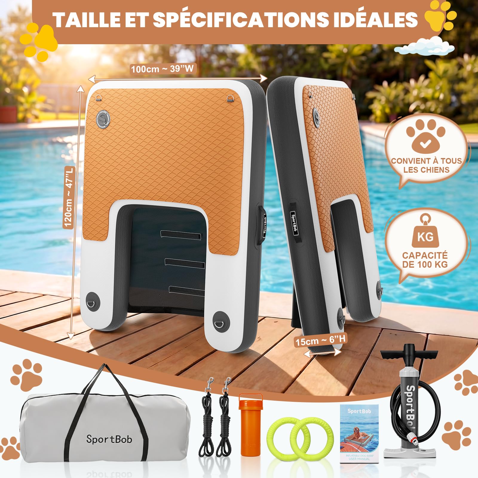 Rampe d'accès à l'eau Gonflable pour Chien 120 x 100cm, Résistante à la Déchirure et Durable, Rampe Gonflable pour Chiens Jusqu'à 100kg, Idéale pour la Piscine, Les Pontons et Les Lacs