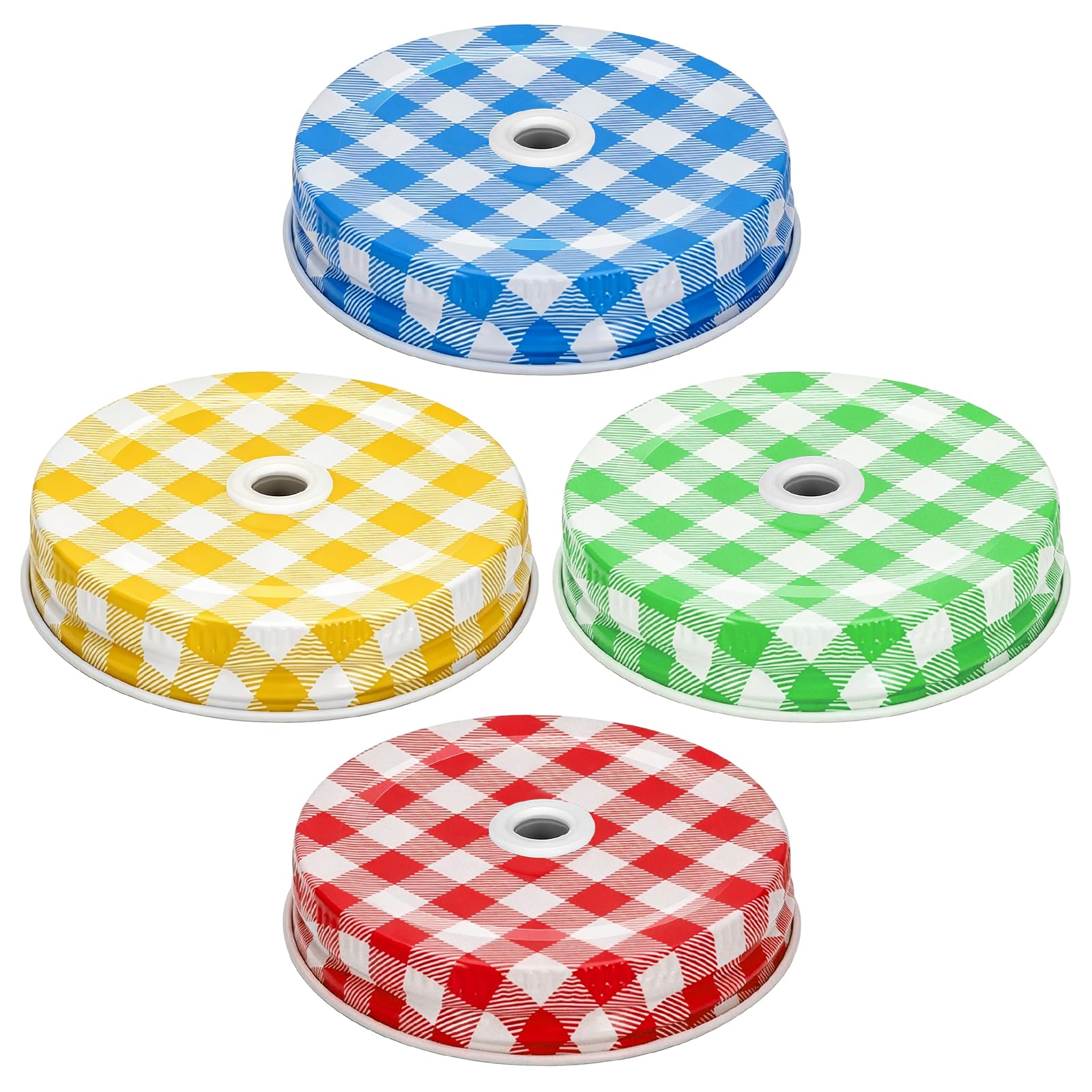 4 colors checkered Regular Mouth Mason Jar Straw Lids 2.7 Inch Metal Stainless Steel Mason Jar Drinking Lids with Straw Hole Leak Proof Dishwasher Safe (Plaid Pattern)