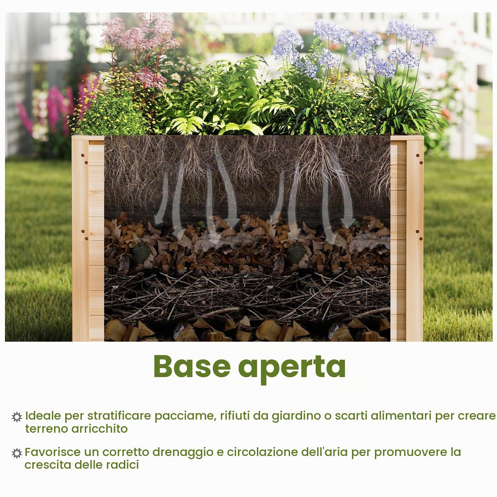 HOMASIS Vaso Rettangolare in Legno di Abete, Orto Rialzato da Esterno con Base Aperta, Fioriera Rialzata da Giardino, Balcone o Terrazza per Fiori, Erbe, Frutta e Verdura, 100 x 64 x 65,5 cm, Naturale