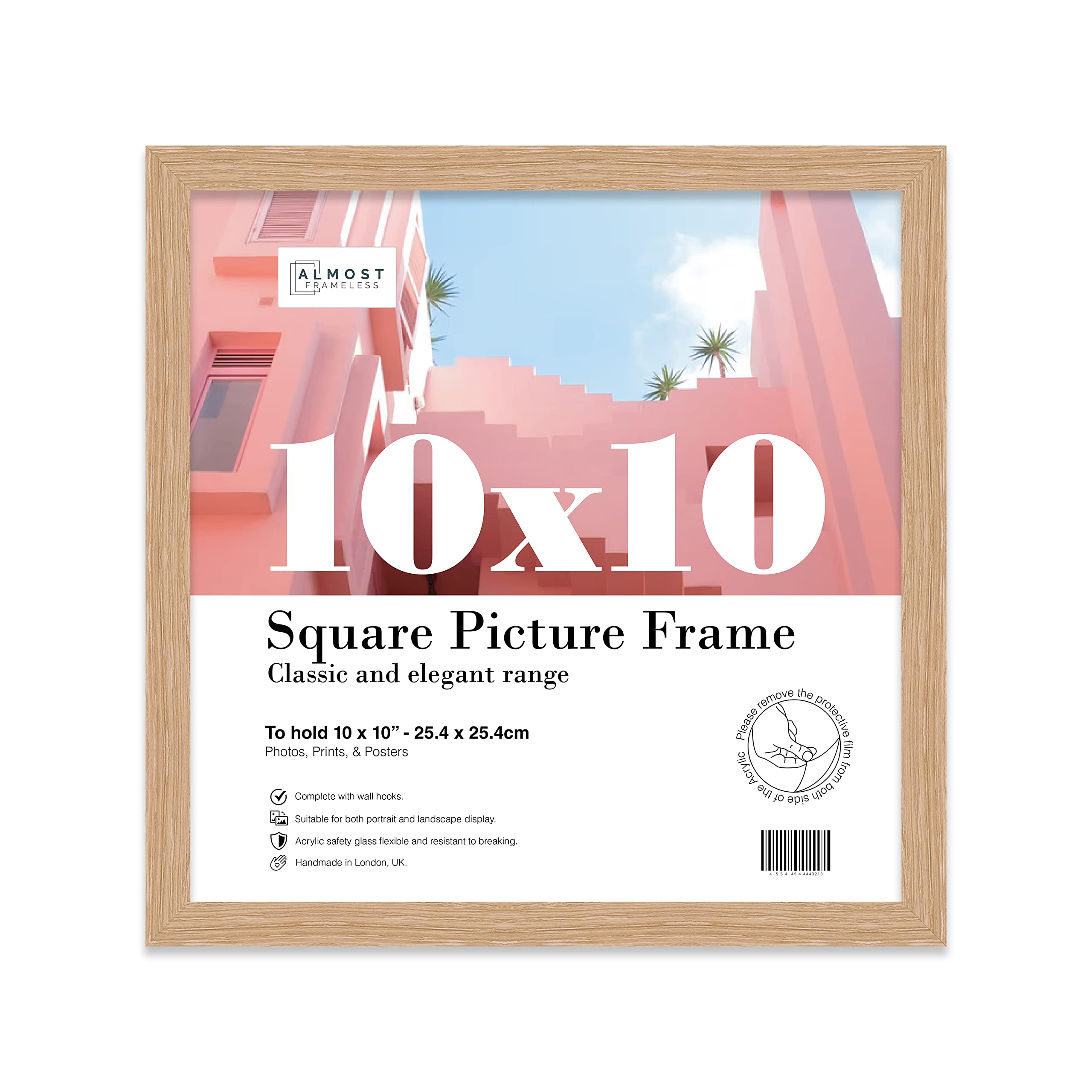 Almost Frameless 10x10 Oak Picture Frame 10"x10"(25.4x25.4cm) Poster, Photo, Artwork, or Print. Thin Edge Slim Frame Portrait and Landscape Display with Wall Hooks