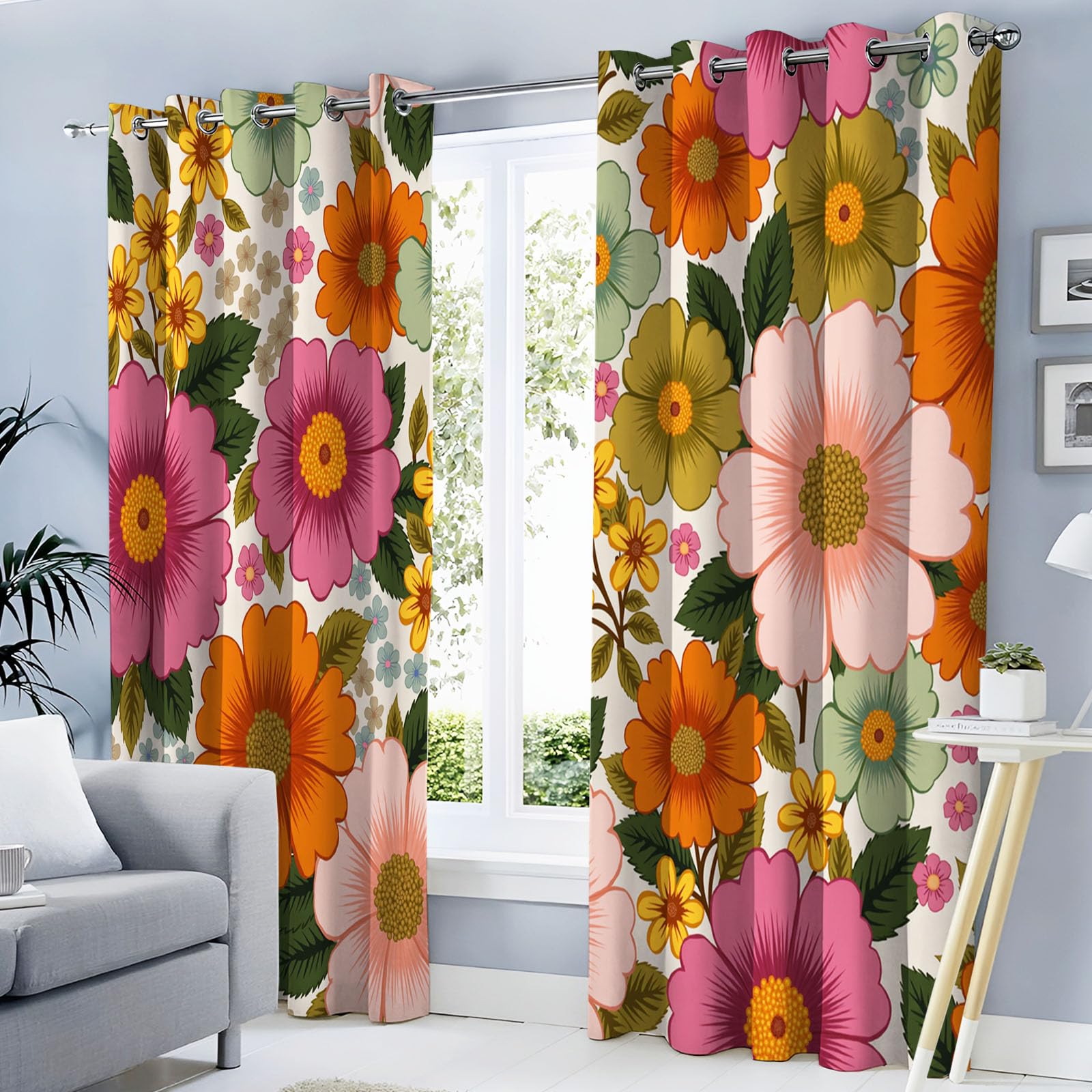 Rideaux occultants thermiques isolants à oeillets avec motif fleurs rose 3D