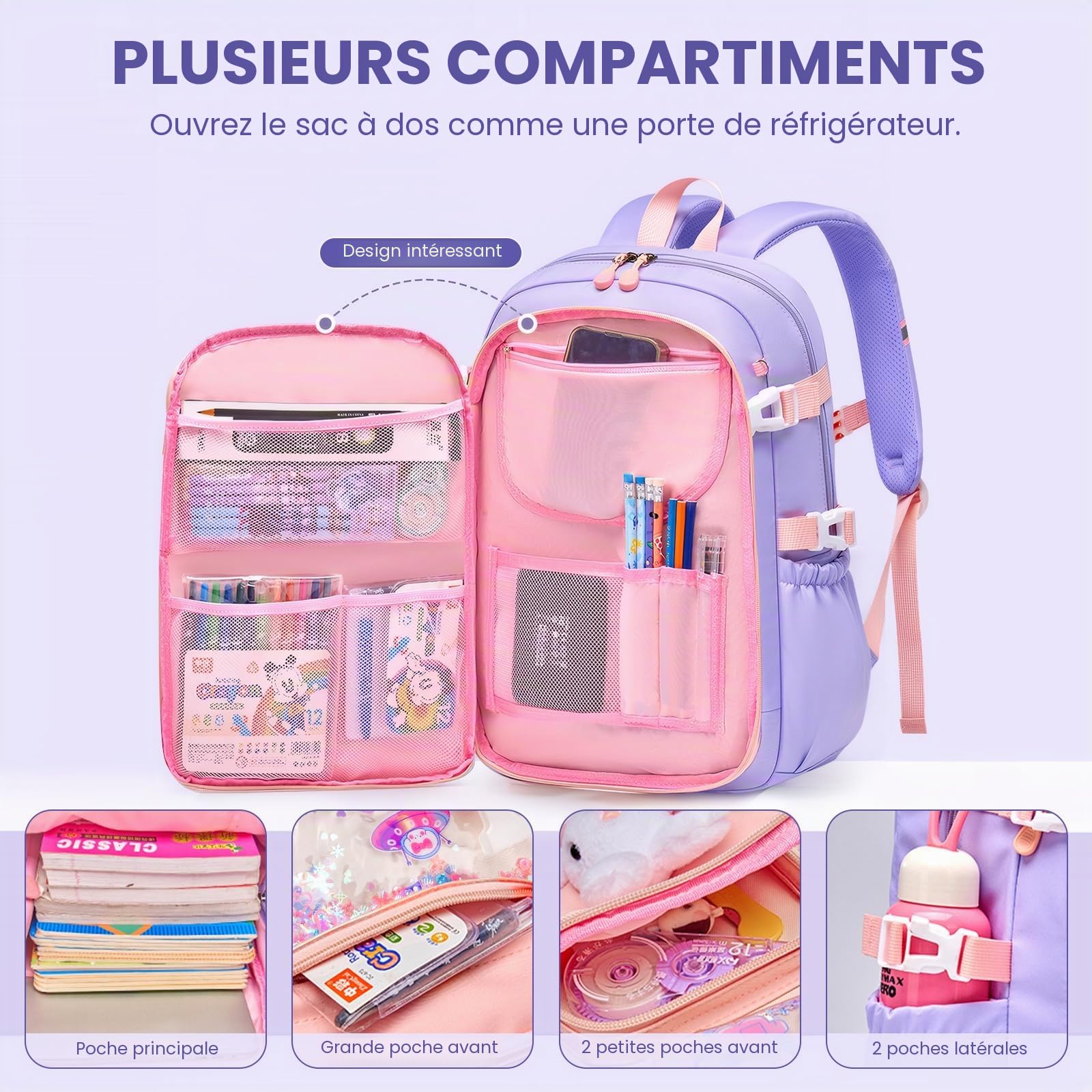 Amythe Cartable Filles Primaire CE1-CM2 Léger Sangle de Poitrine Violet