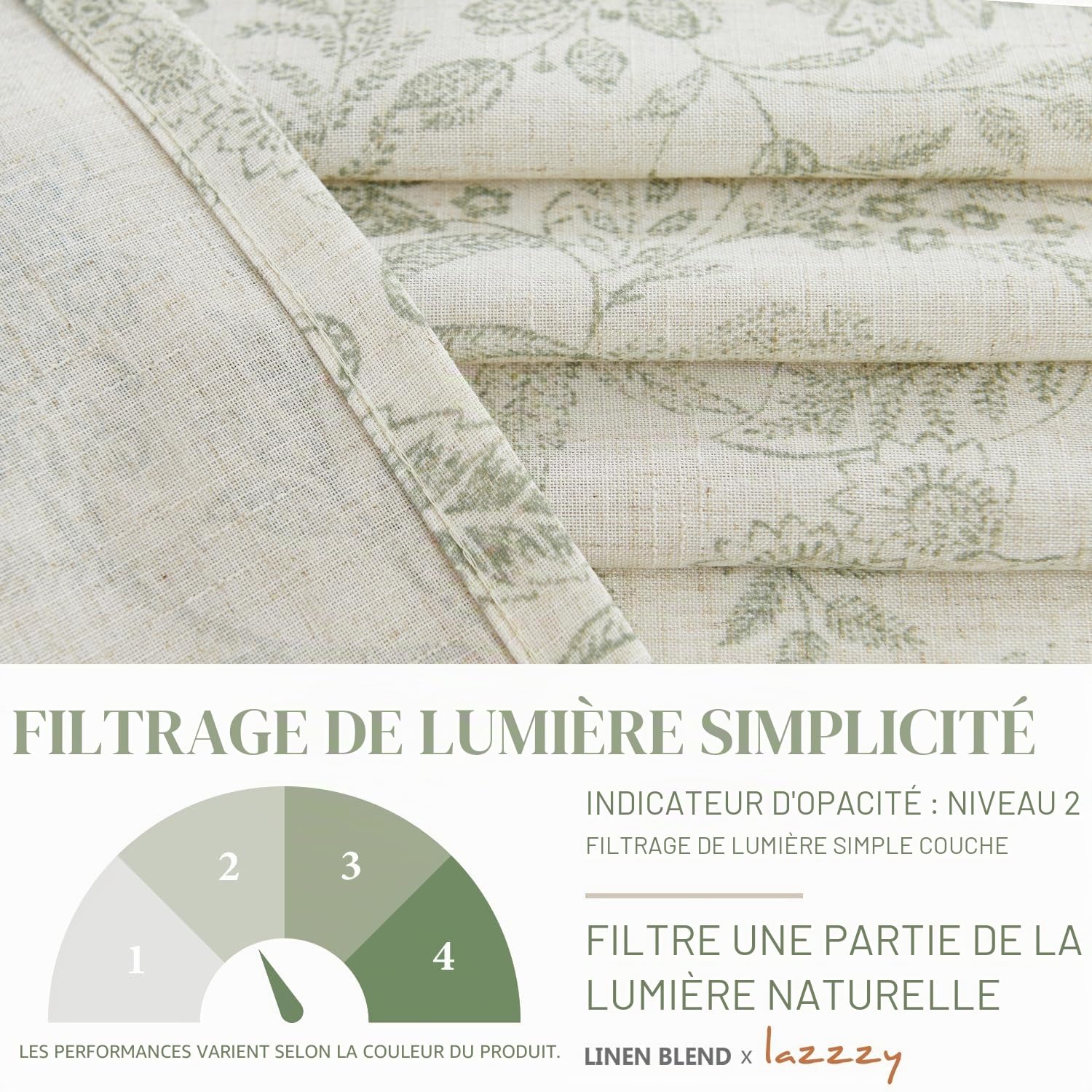 Lazzzy Lot de 2 Panneaux de Rideaux en Lin Semi-Transparents à imprimé Floral Vert Rustique de 213,4 cm de Long avec Pattes arrière pour Salon, Chambre à Coucher – Rideaux rétro campagnards avec