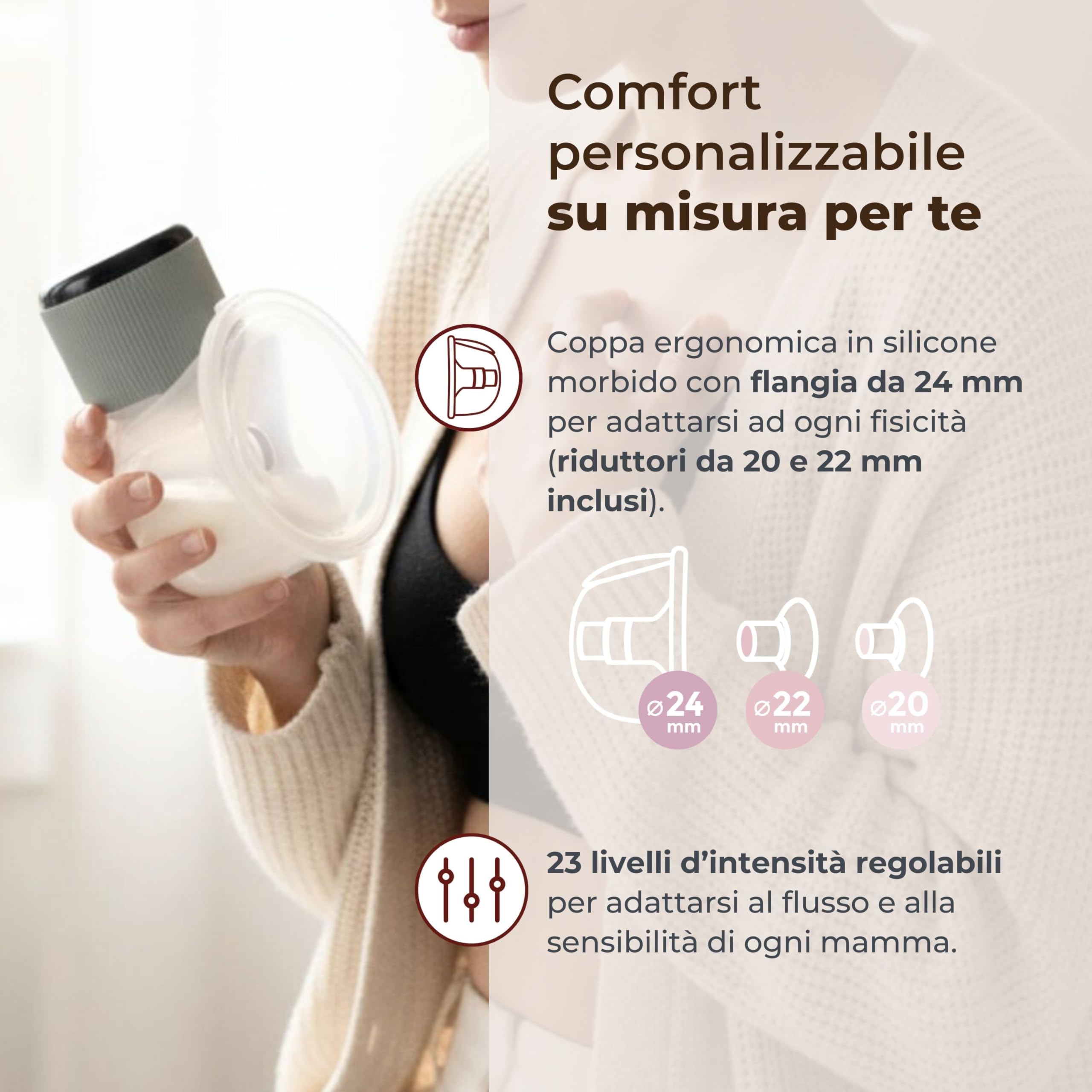 Nuvita 1260W Tiralatte Elettrico Indossabile Singolo 3 Fasi – Portatile con Batteria Ricaricabile USB-C, Funzione Anti-Stasi, Ideale per Capezzoli Piatto/Inversi, Coppa Silicone 24mm con Riduttori