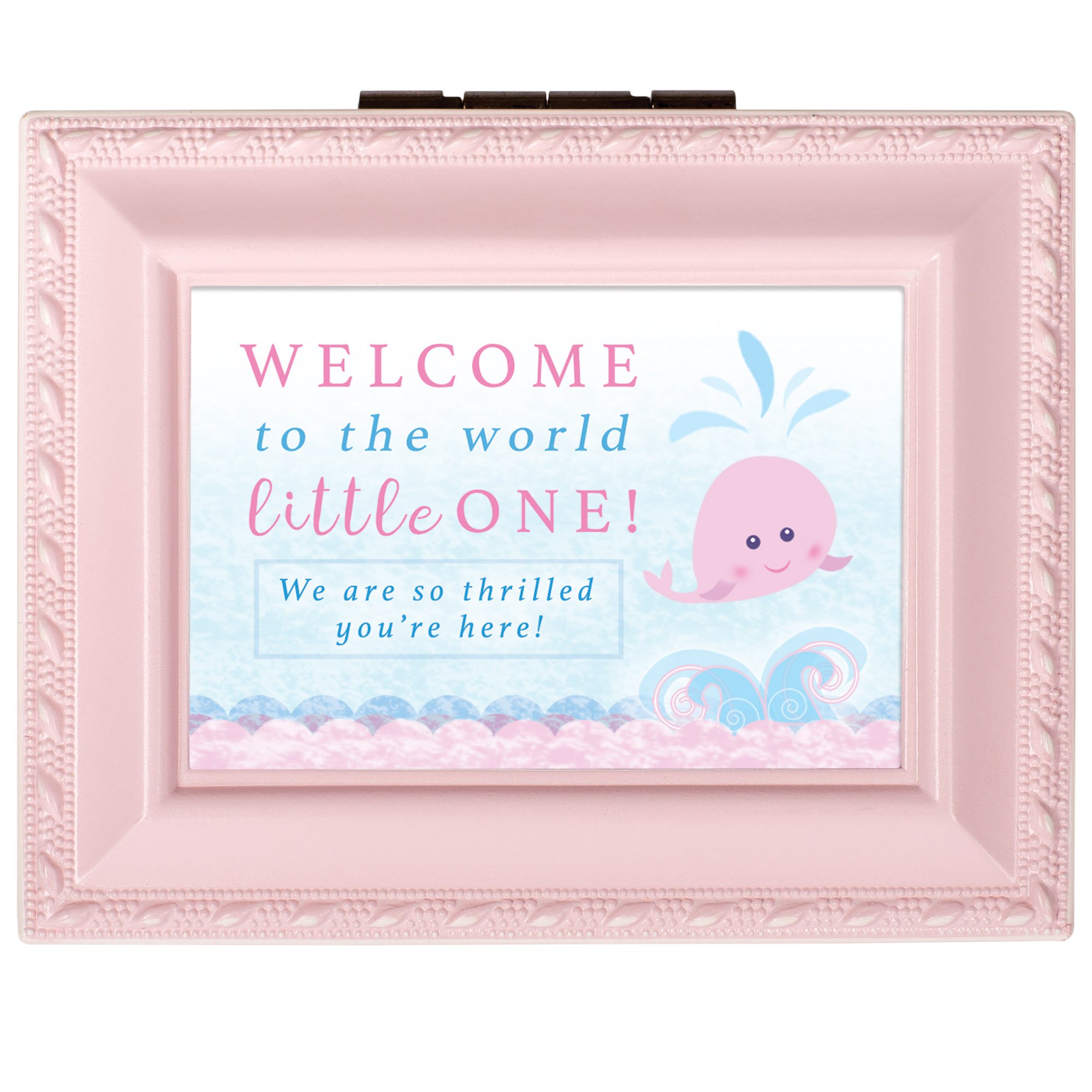 Cottage Garden Caja de recuerdos cuadrada para bebé, con cuerda rosa y texto en inglés Welcome to World Little One Baby