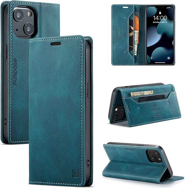TOHULLE for iPhone 13 Case, Vintage Wallet Case Card Holder Kickstand Built-in Magnetic Flip Folio Leather Case for iPhone 13 - Blue