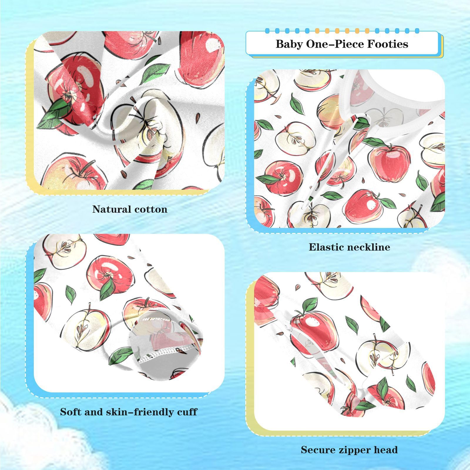 Dussdil Red Apples Cute Fruits Leaf Baby One-Piece Footies Newborn Rompers Pajamas Cotton Footed Pjs for Sleep Play Boys Girls 6M