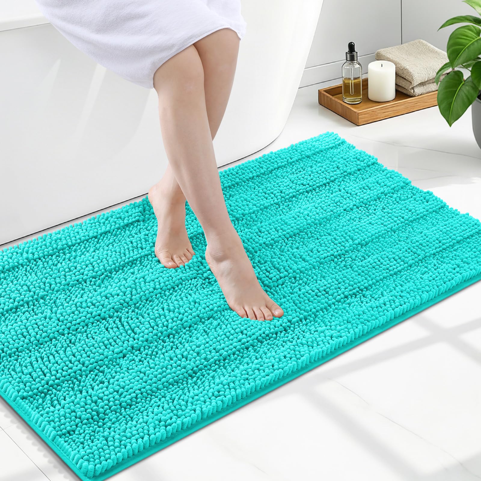 Grandaily Chenille Bathroom Rugs 47x24, Soft Absorbent Bath Mats, Turquoise