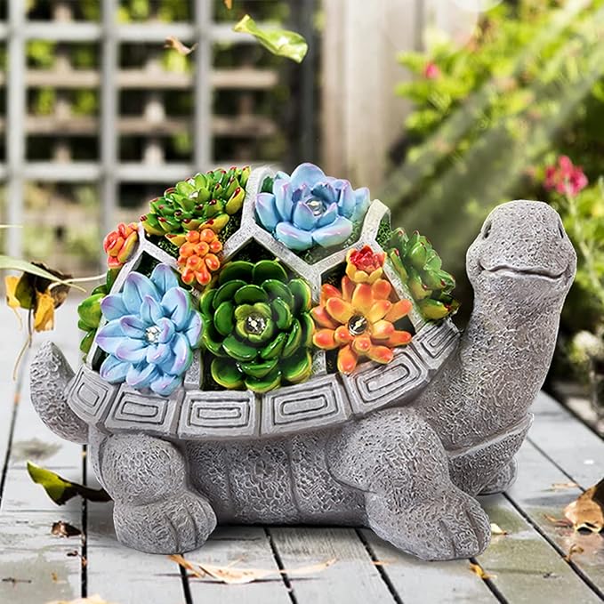 LESES Garden Statues, Turtle Garden Decor Clearance Solar Statue with 7 LED Lights Outdoor Ornament, Cute Tortoise Figurines Decorations for Patio Lawn Yard, Gifts for Mom