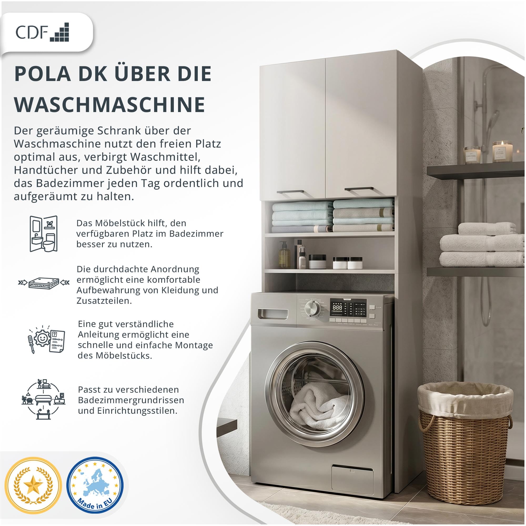 CDF Waschmaschinenschrank 2 Türen Hochschrank Badschrank Hochschrank Überbauschrank für Waschmaschine, Wäschetrockner Badezimmer Schrank Möbel Waschmaschinenumbauschrank Kashmir (beige) 30x64x180 cm