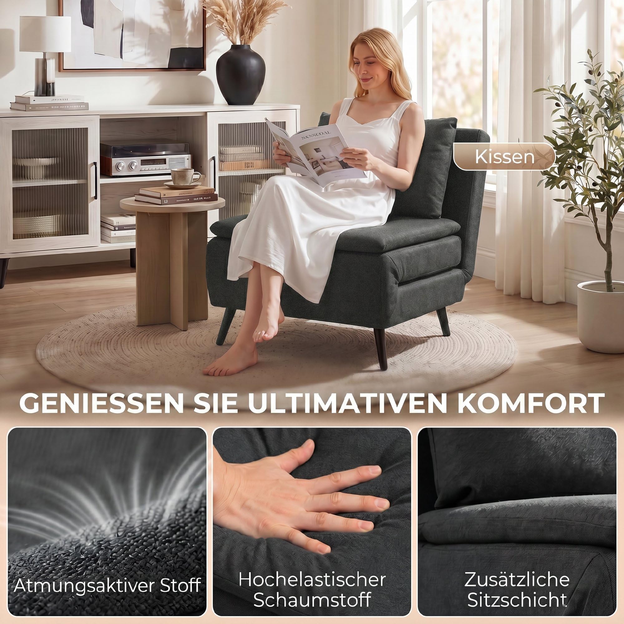 HOMCOM Fotel do spania 3 w 1 z funkcją łóżka Składany Ciemnoszary | Fotel relaksacyjny z regulowanym oparciem, Poduszka lędźwiowa, Optyka lniana, Kanapa do spania, do salonu, sypialni