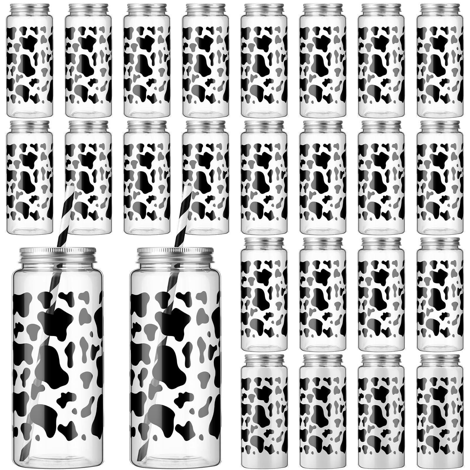 Chuangdi 24 Sets 14 oz Cow Theme Plastic Milk Bottles with Straws and Metal Lids 24 Plastic Bottles 25 Paper Straws Tumbler Reusable Jar Containers for Baby Shower Birthday Supplies(Black,cow)