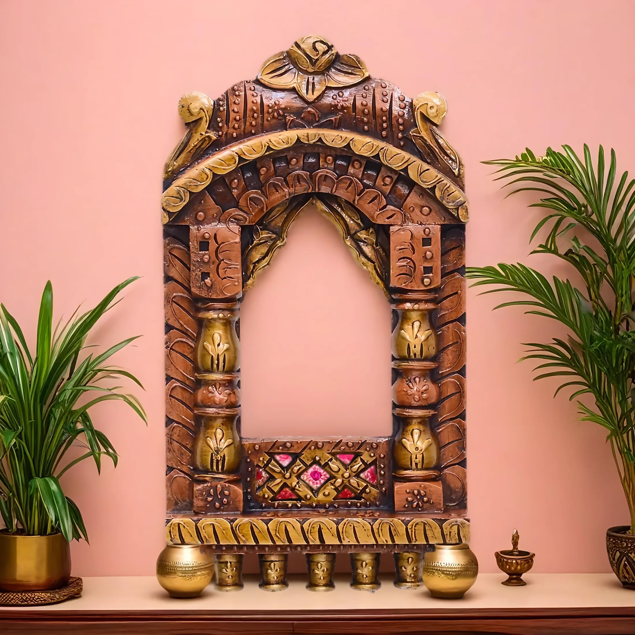 Craft Tree Wooden Handpainted Copper Finish Jharokha | Traditional Jaipuri Style Wall Hanging Jharokha Showpiece | Decorative Home Decor | Size: L9 x B2 x H16 Inches-image-35