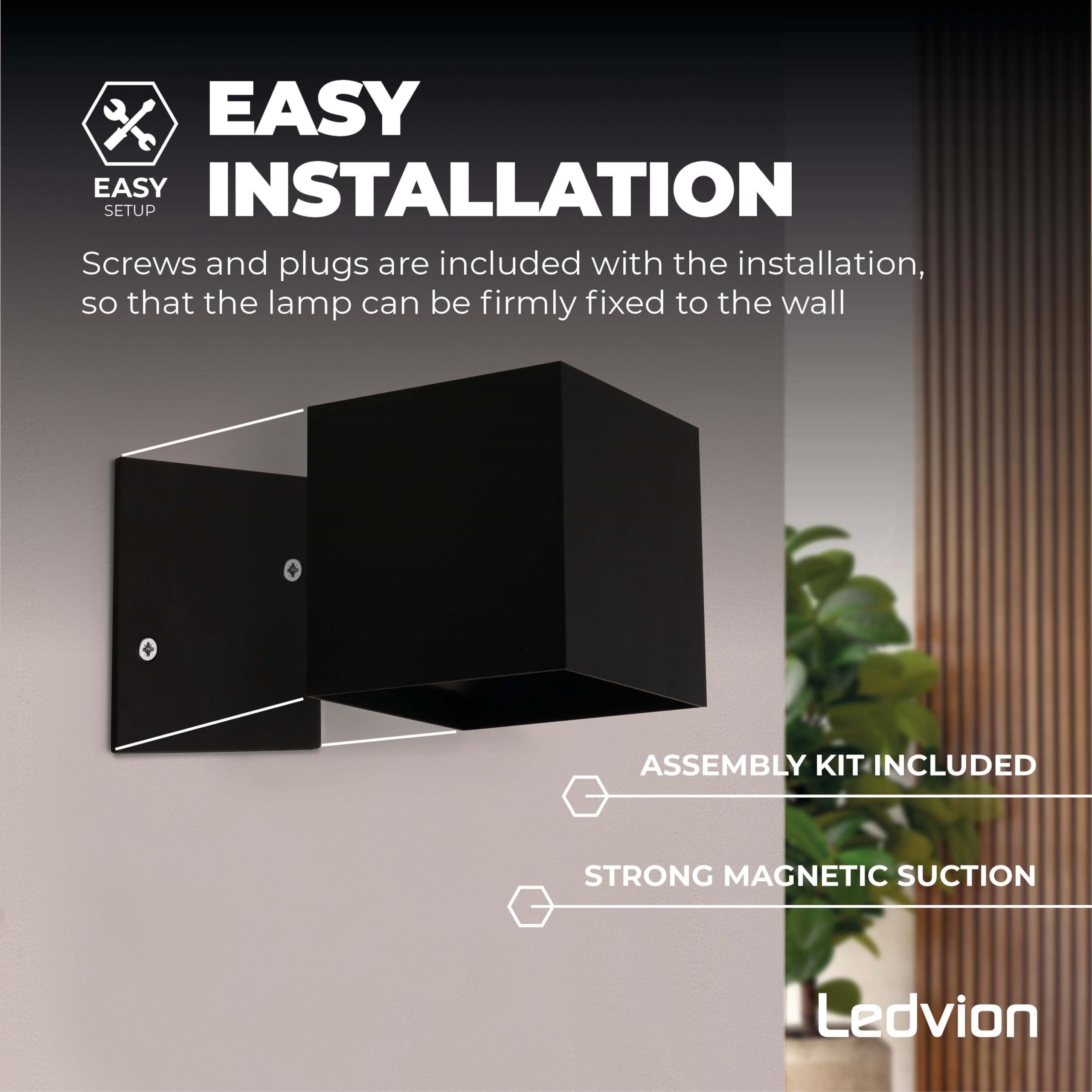 Ledvion - 2x Lampada da Parete LED Ricaricabile USB con Sensore di Movimento, Nera, Senza Fili, Luce Calda 2700K, 170 Lumen, Batteria 4400mAh, IP44, Applique LED da Parete per Interni