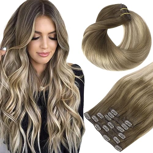 hotbanana - Extensiones de cabello con clip de cabello humano real color marrón nogal a rubio ceniza a rubio decolorado extensiones de cabello Remy