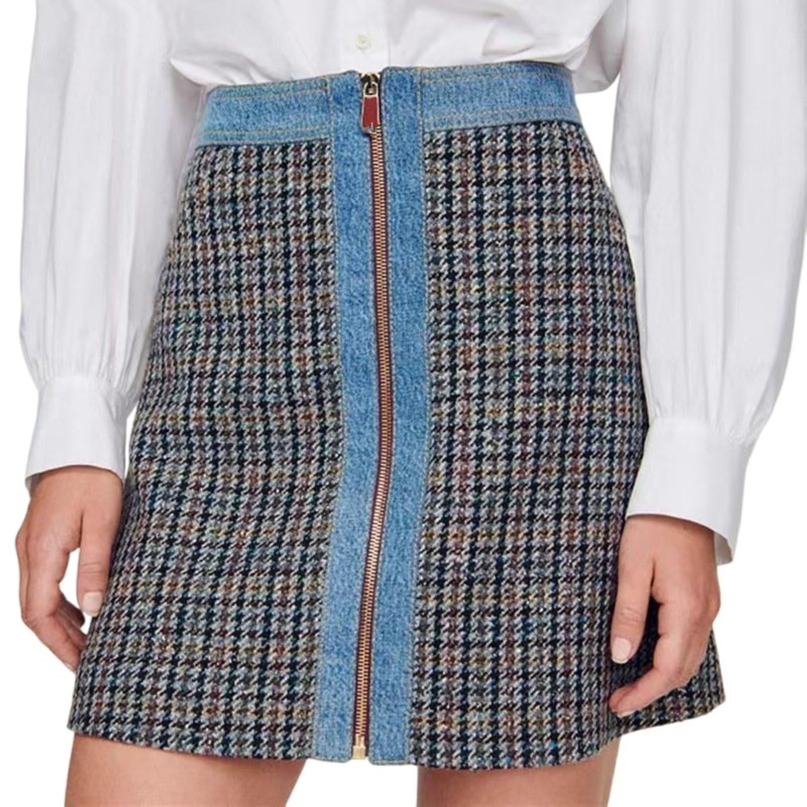 Skirts for Women Houndstooth Patchwork Denim Zipper A Line Trendy Mini Skirts Y2K Skirt