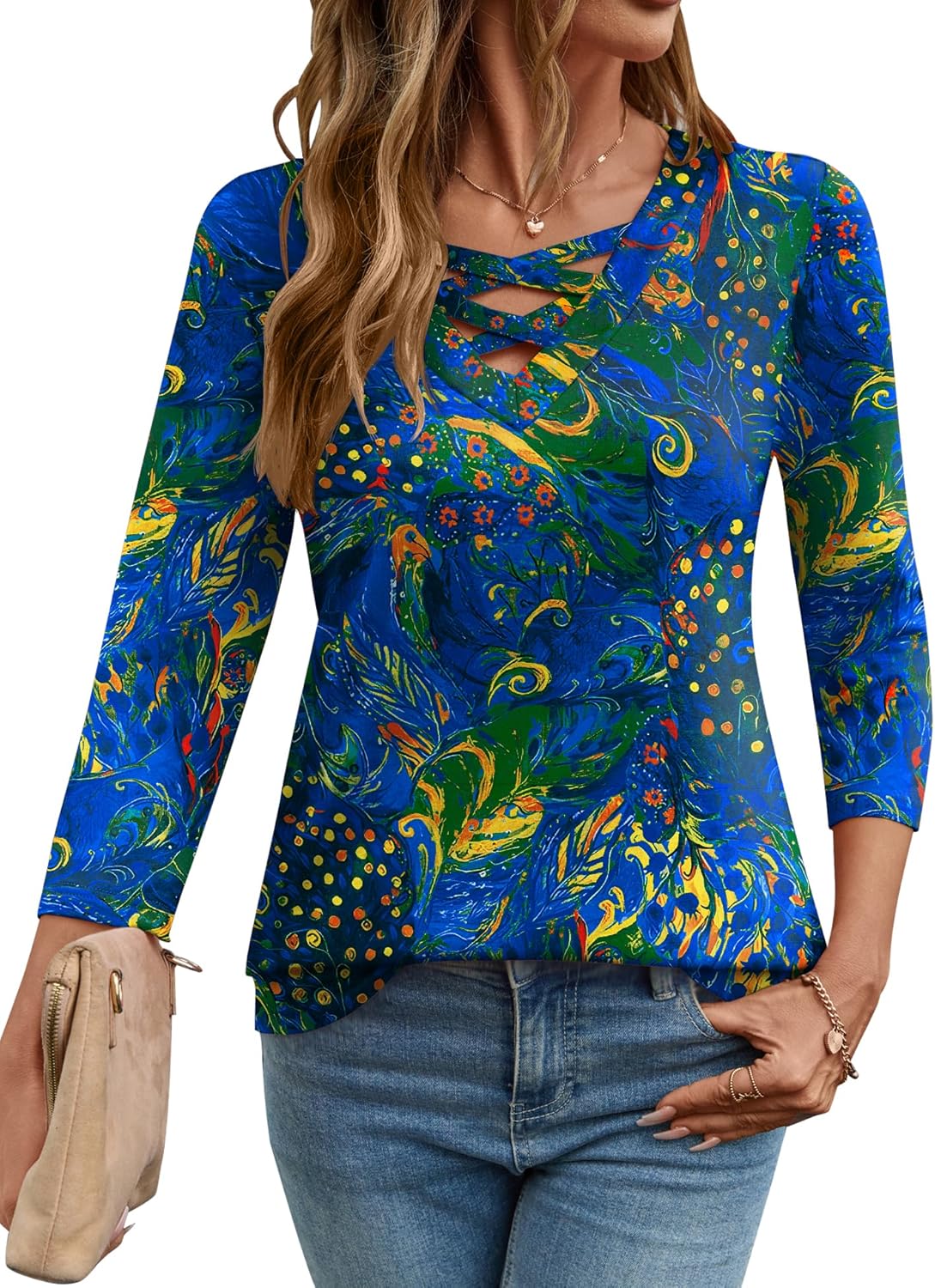 Rapbin Women Blouses Dressy Casual Spring Tops 3/4 Length Sleeve Womens T Shirts V Neck Criss Cross Tees - Image 2