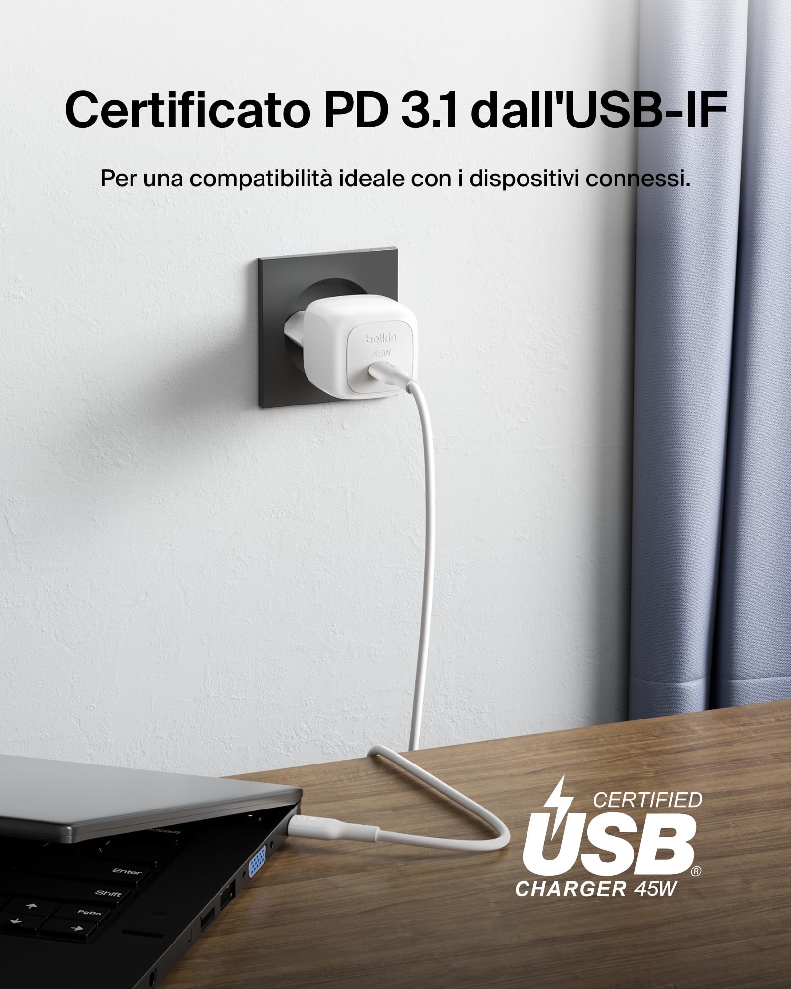 Belkin Caricatore da parete compatto da 45 W, ricarica rapida USB-C Power Delivery per Apple iPhone 16, 16 Plus, 16 Pro, 16 Pro Max, 15 Series, Samsung Galaxy S25, iPad, AirPods e altri, bianco