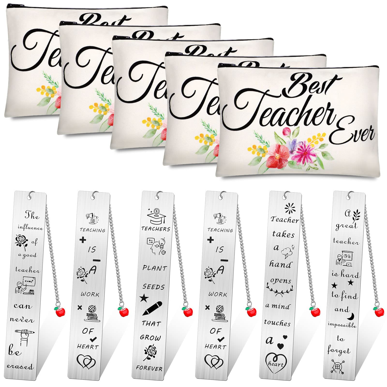 Teacher Appreciation Gift Set Teacher Kit Makeup Cosmetic Bags and Teacher Inspirational Bookmarks with Fruit Chain, Graduation Thank You Gifts for Women Men Teacher (12 Pack)