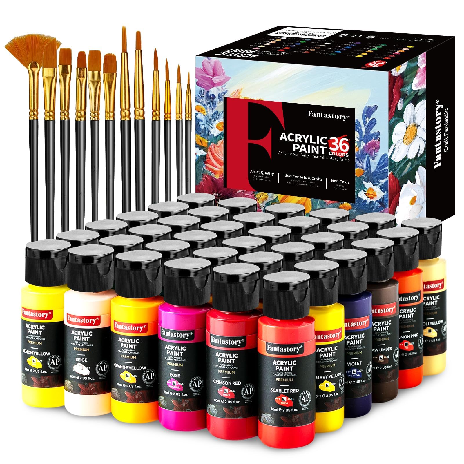 Fantastory 36 Colors Acrylic Paint Set (2Oz /60Ml) With 12 Brushes, Professional Craft Thick Paints Kits For Adults And Kids, Canvas Wood Fabric Ceramic Rock Painting Supplies