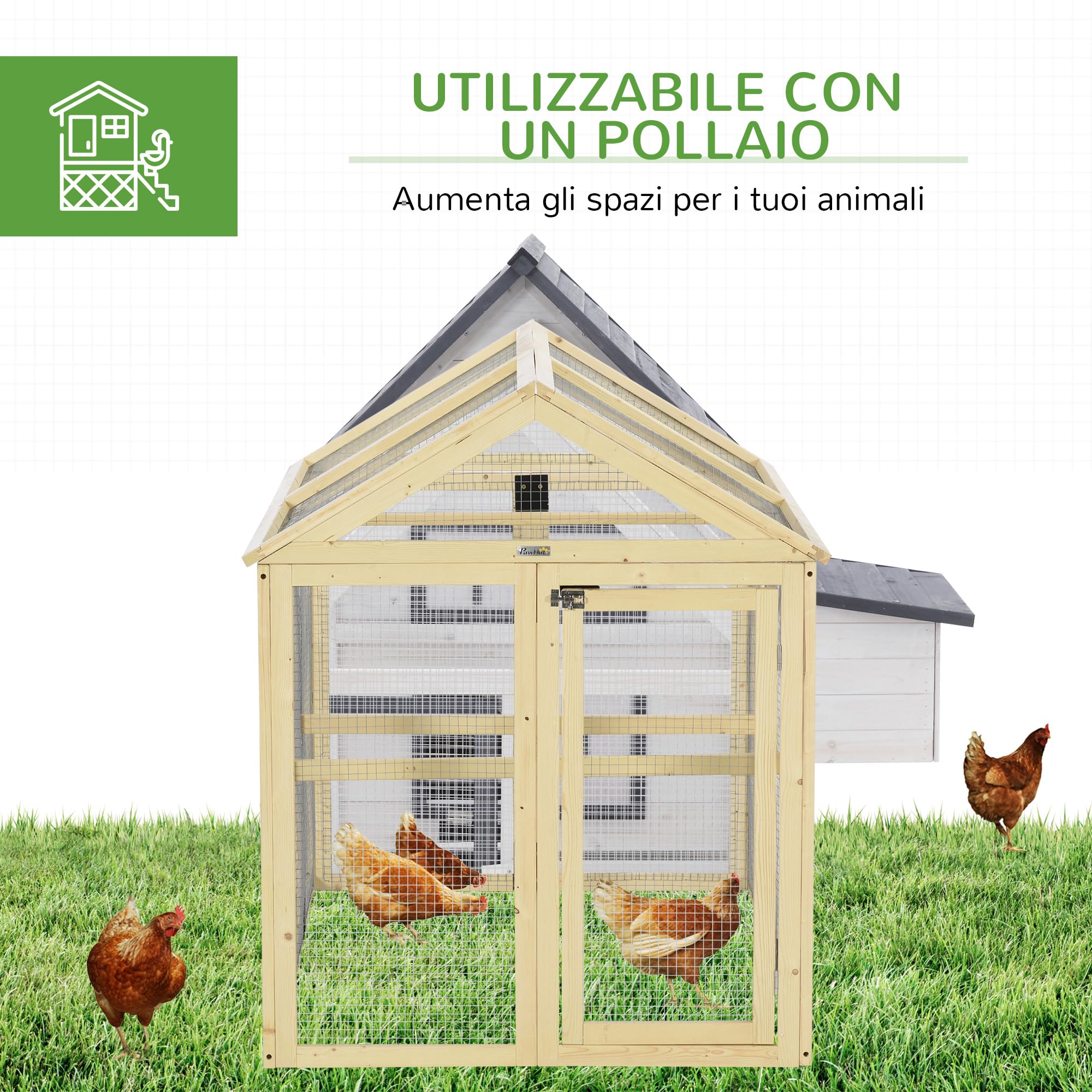PawHut Recinto per Galline all'Aperto in Legno, Gabbia Galline con Porte Multiple e Rete in Metallo, 140x88.5x106 cm, color Legno