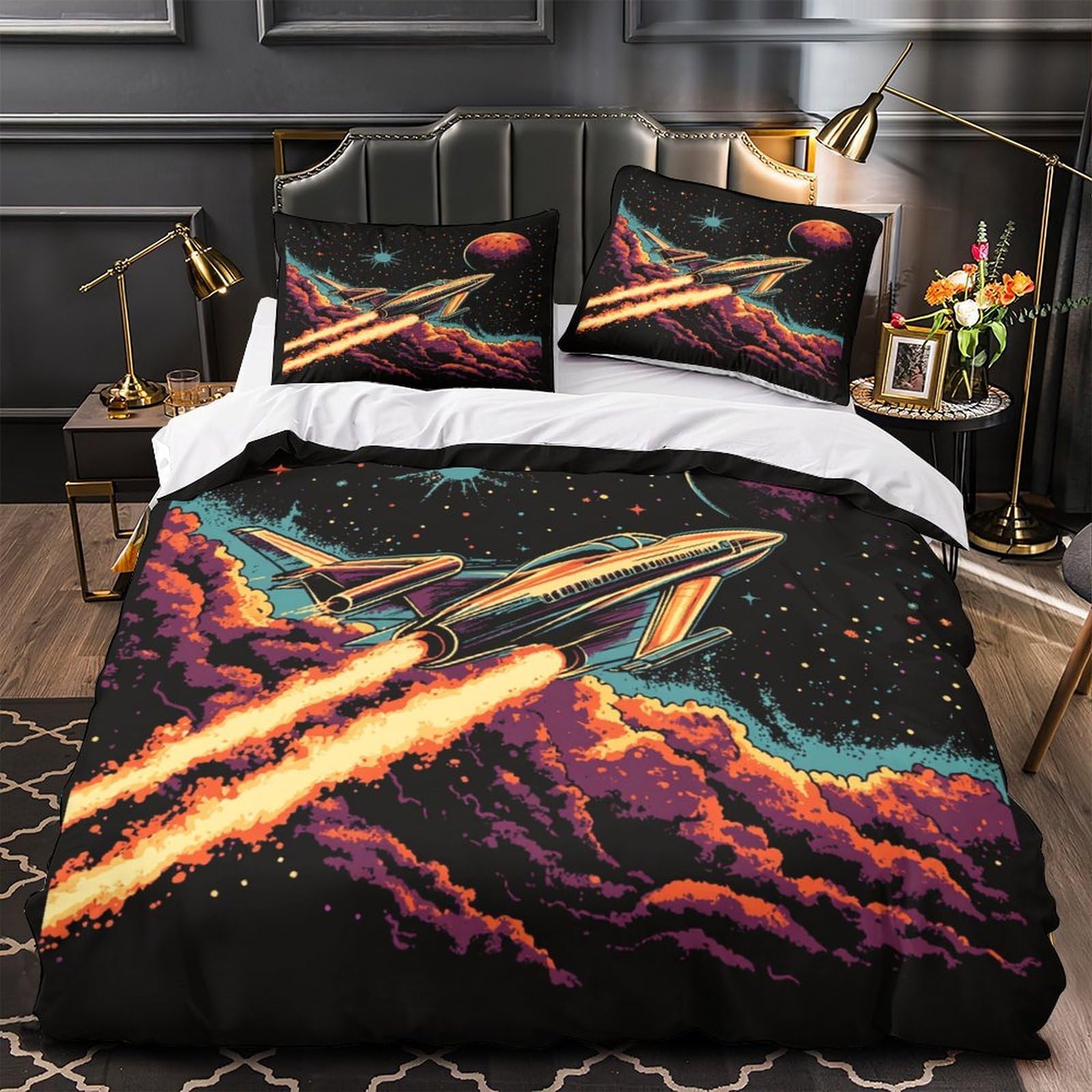 Housse de couette univers spatial 3D anti-tache pour apaiser le sommeil