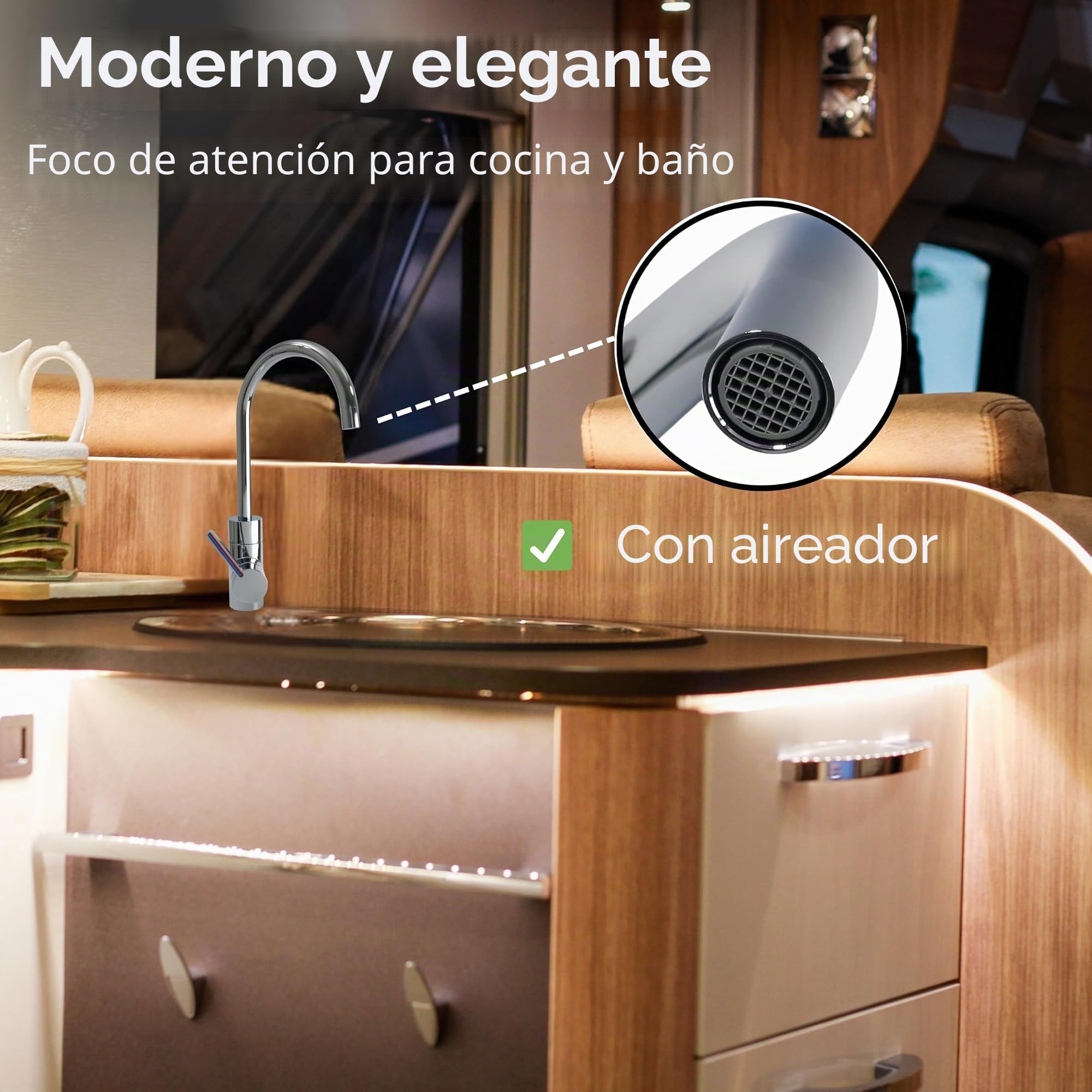 Comet Lucca - Grifo monomando para caravana (12 V, cromo, con microinterruptor, giratorio 360°, para autocaravanas y barcos)