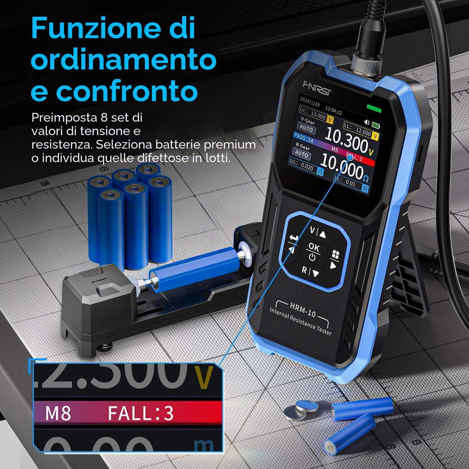 FNIRSI HRM-10 Tester di Resistenza Interna per Batterie, Milliohmmetro 100V e 200Ω, Tester per Batterie Auto, AAA, AA e Altri Tipi di Battery, Analizzatore per Batterie Domestiche