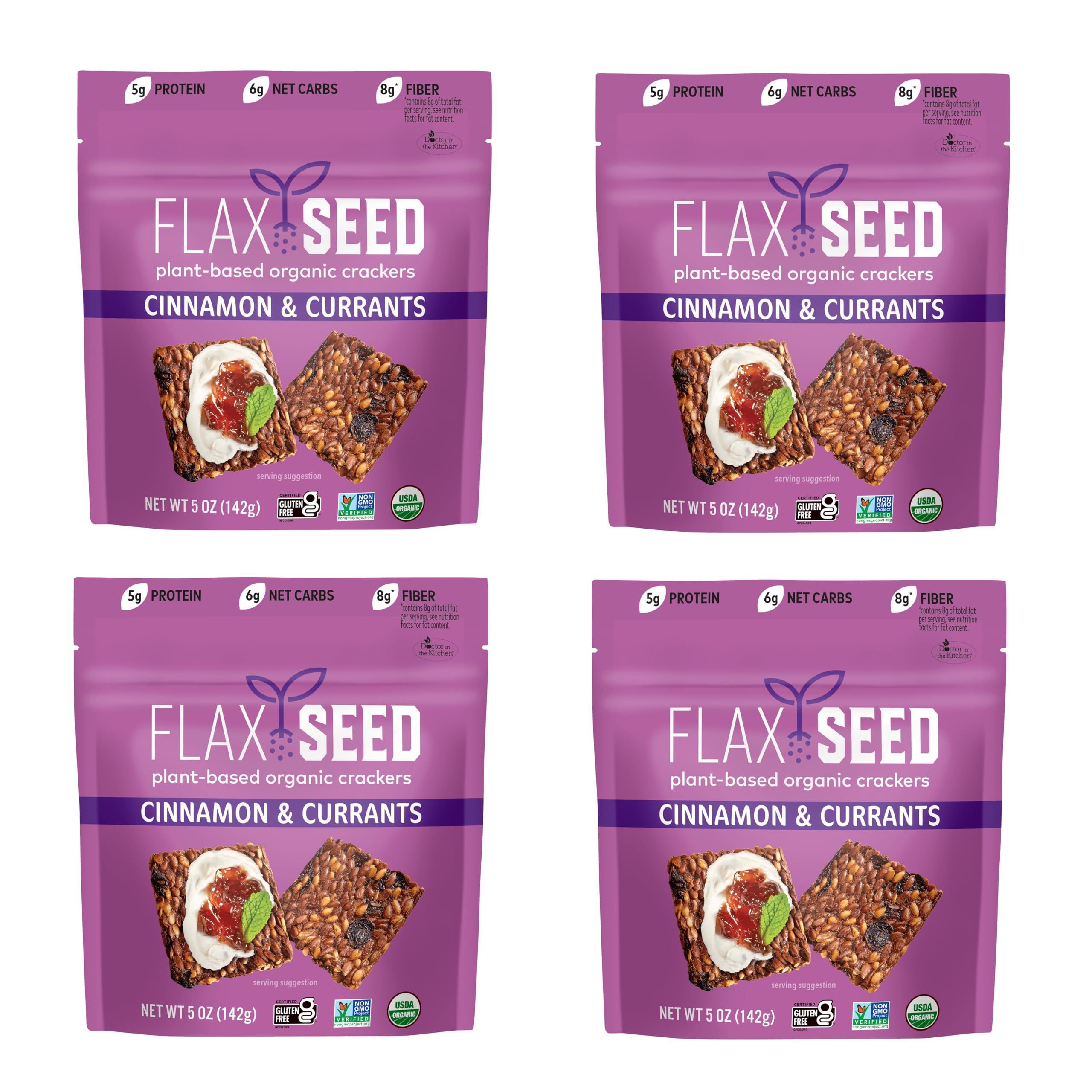 Organic Flax Seed Crackers Cinnamon & Currants, 5 Ounce 4-Pack, Gluten Free, Non GMO, Vegan, Naturally Sweet