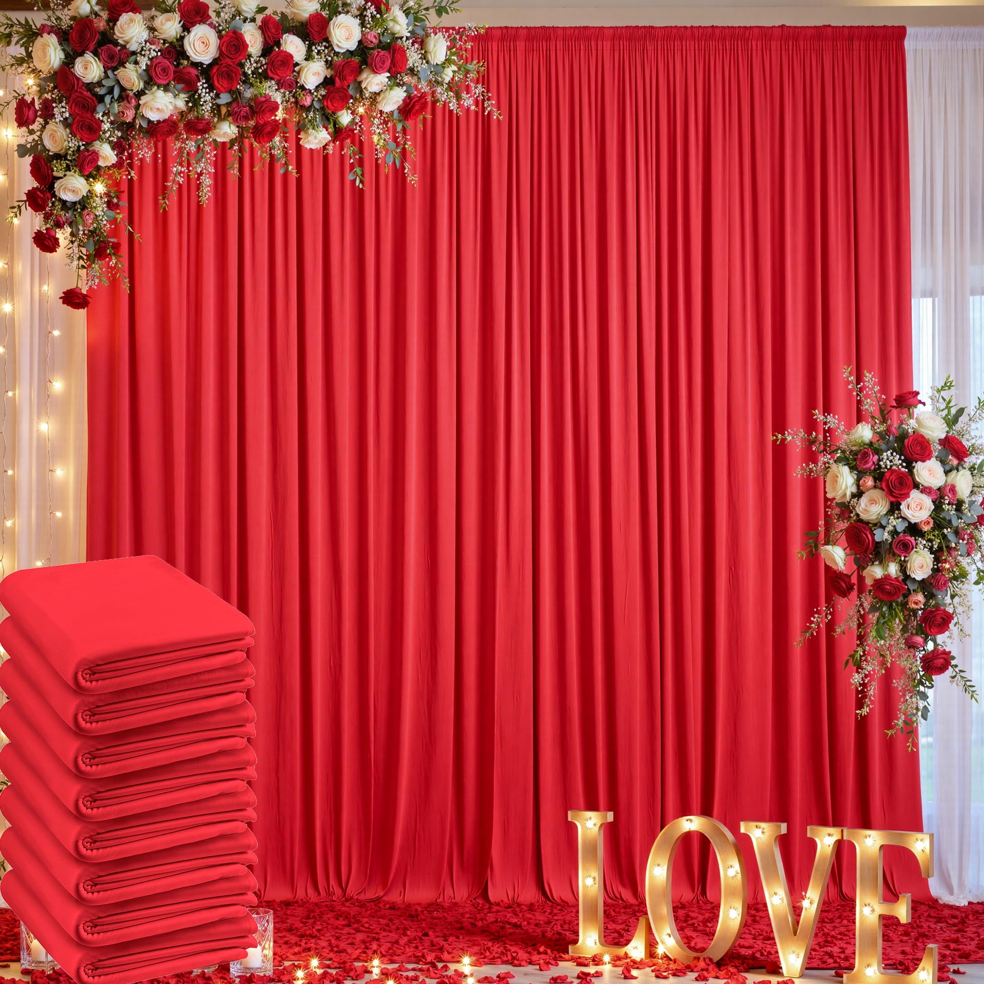 40ft x 10ft Wrinkle Free Red Backdrop Curtain for Parties, 8 Panels 5×10ft Silky Polyester Red Photo Backdrop Drapes Back Drop Cloth for Birthday
